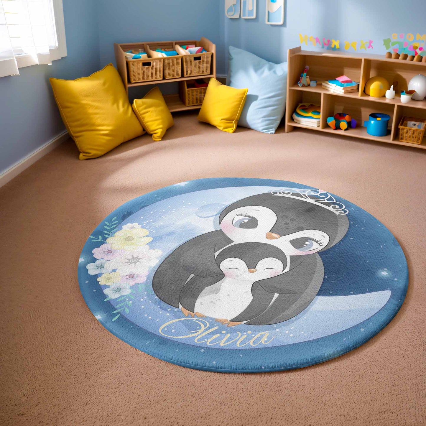 Mom And Baby Penguin Round Rug