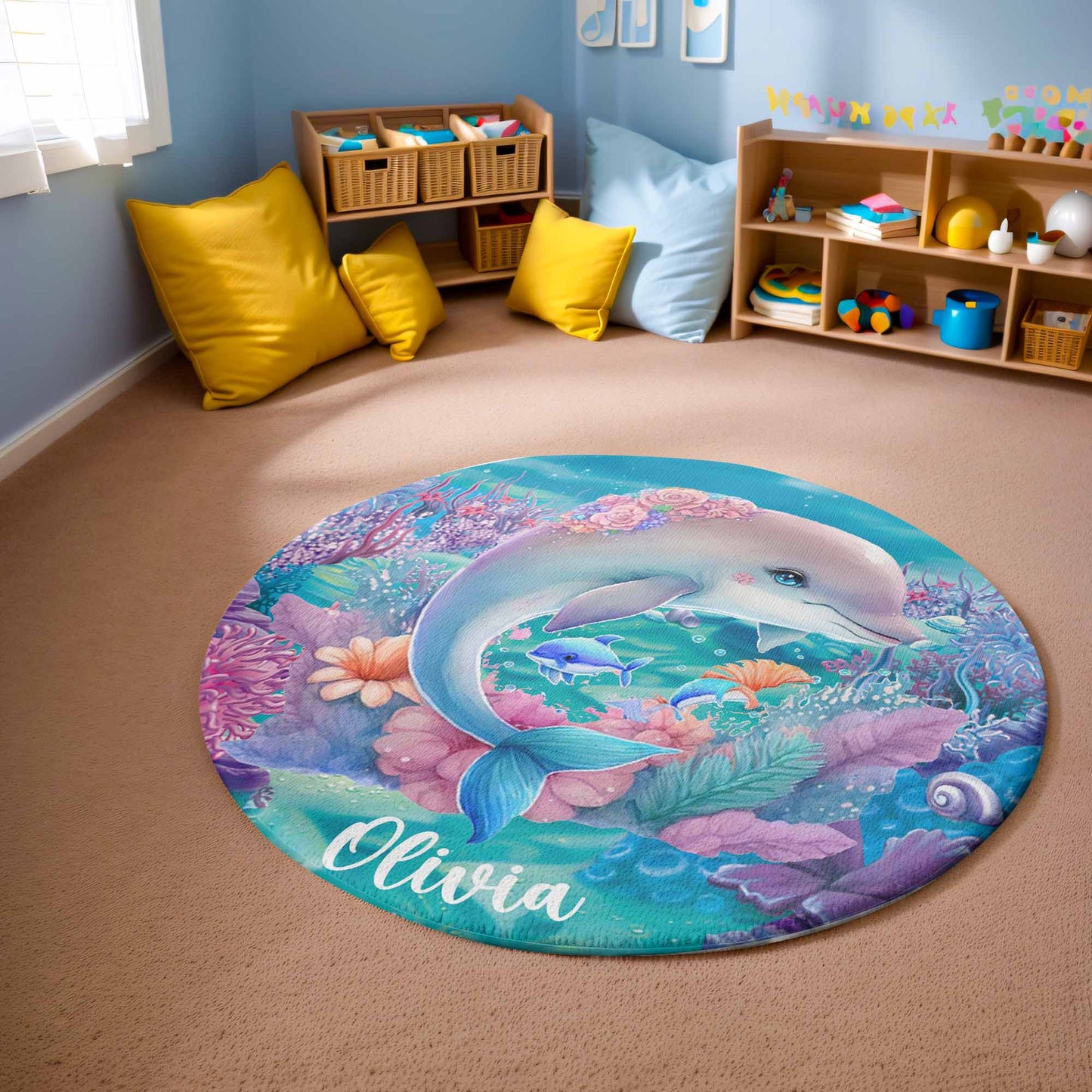 Sea Dolphin Floral Round Rug