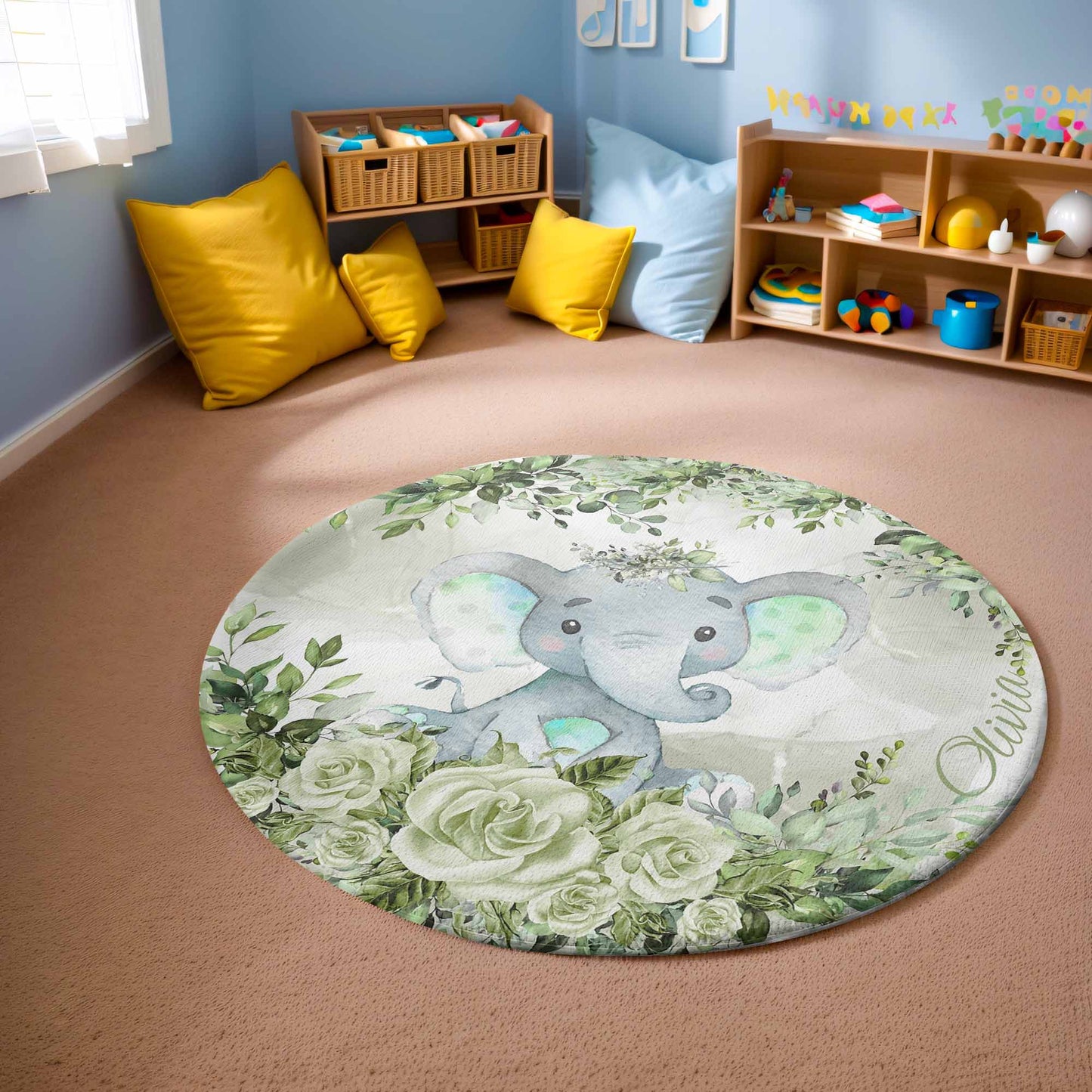Floral Elephant Round Rug