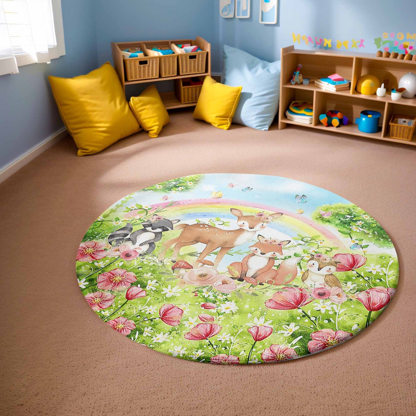Woodland Animals Spring Floral Round Rug