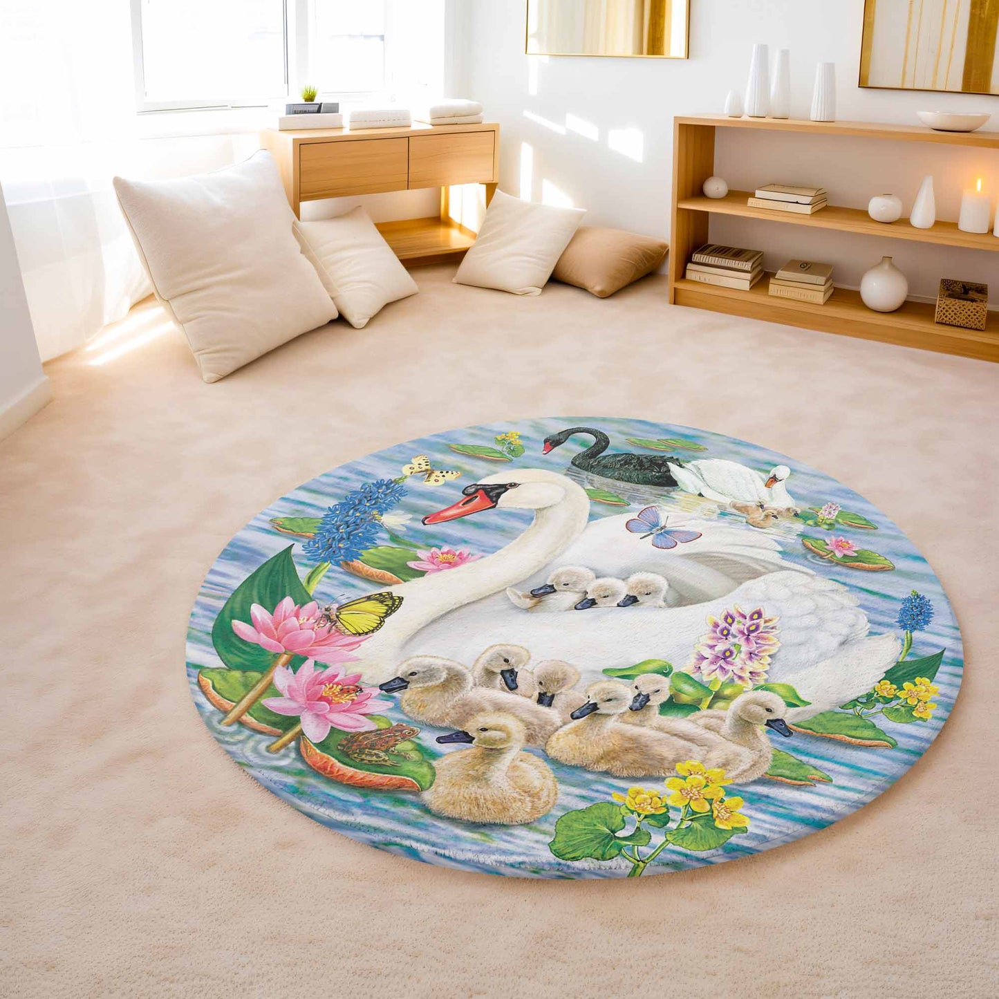 Mom And Baby Swan Round Rug
