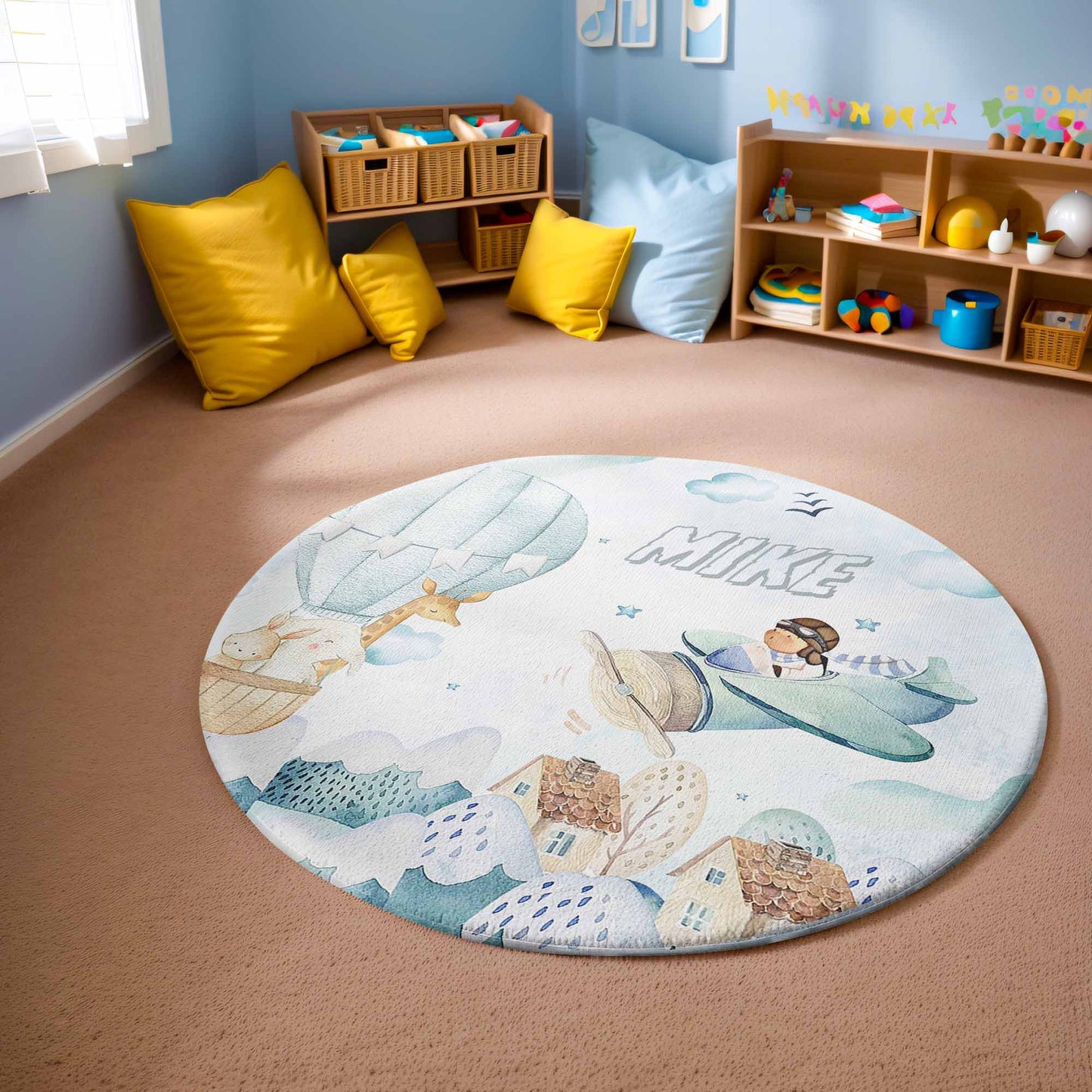 Little Aviator Flying Airplane Round Rug