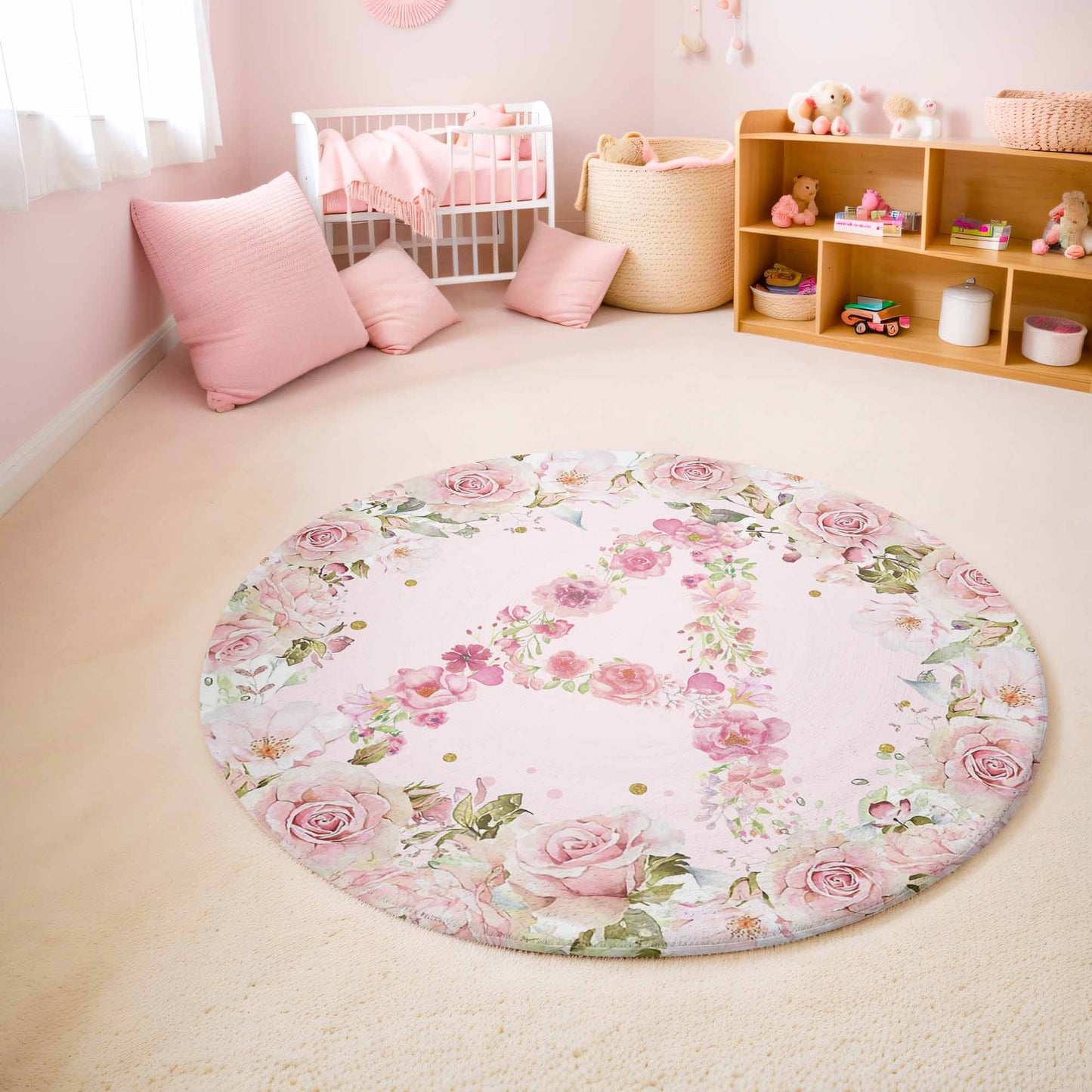 Rose Floral Alphabet Round Rug