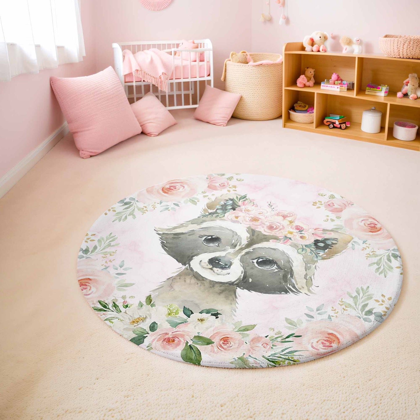 Baby Raccoon Rose Floral Round Rug