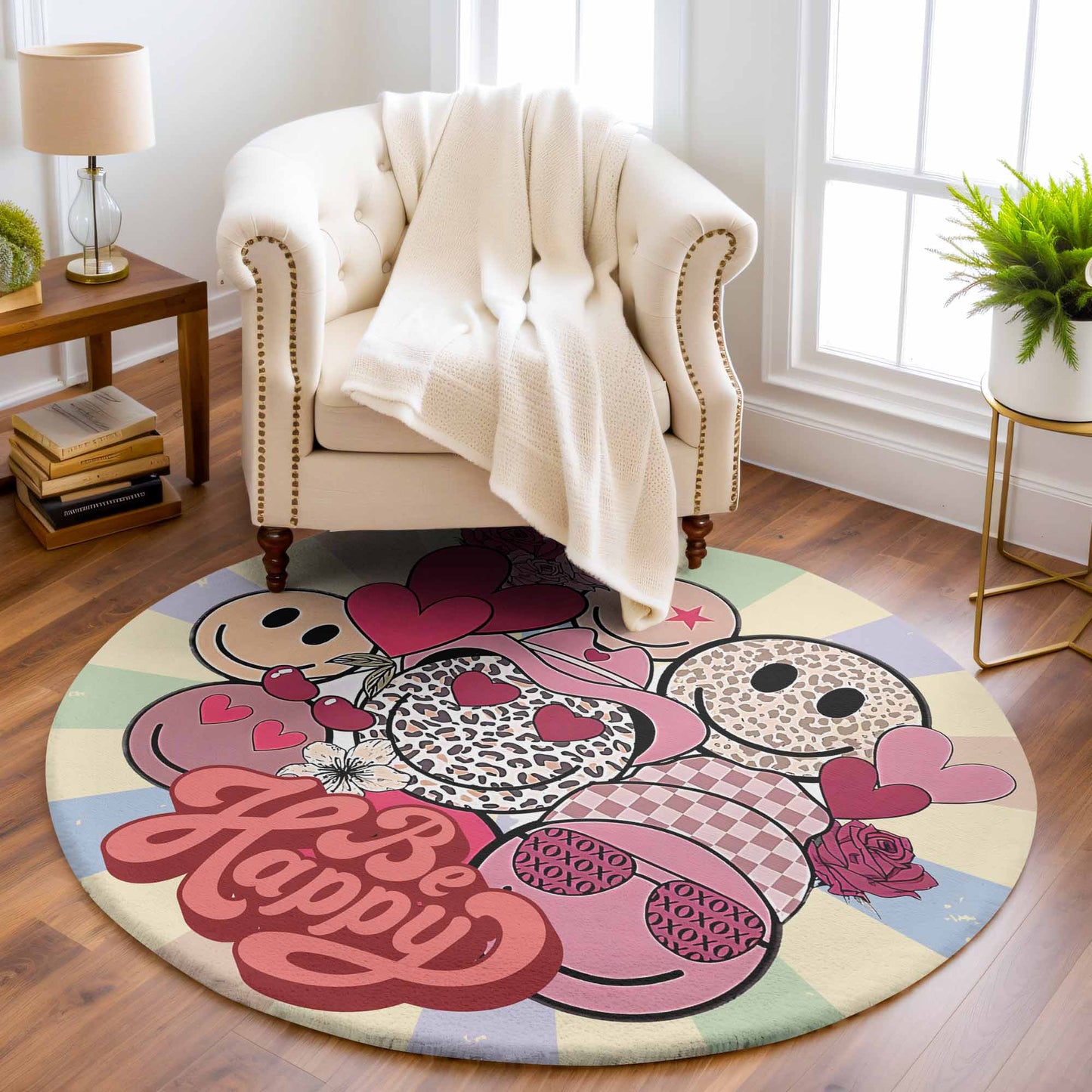 Be Happy Smile Face Round Rug