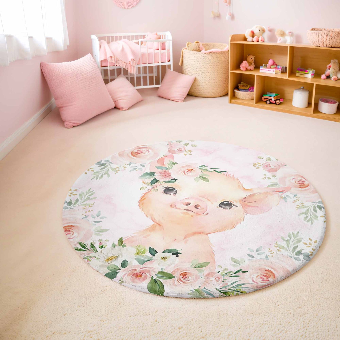 Baby Pig Rose Floral Round Rug