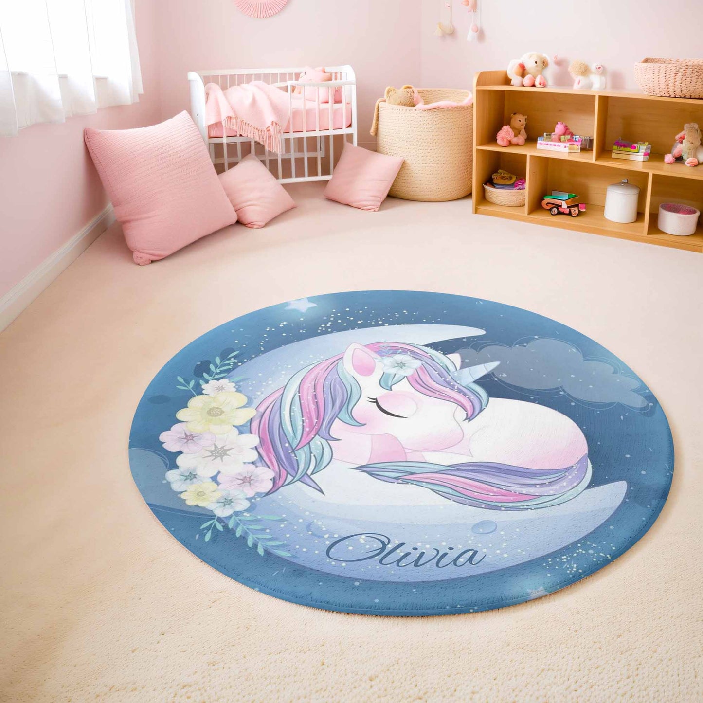 Baby Unicorn Floral Moon Round Rug
