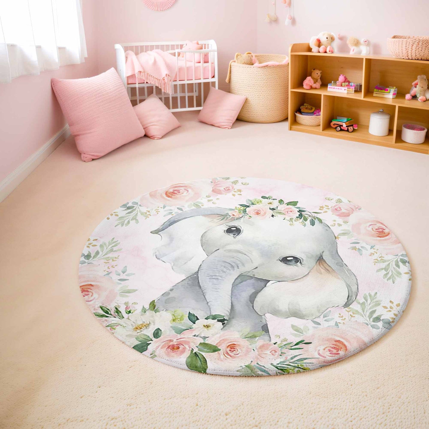 Baby Elephant Rose Floral Round Rug