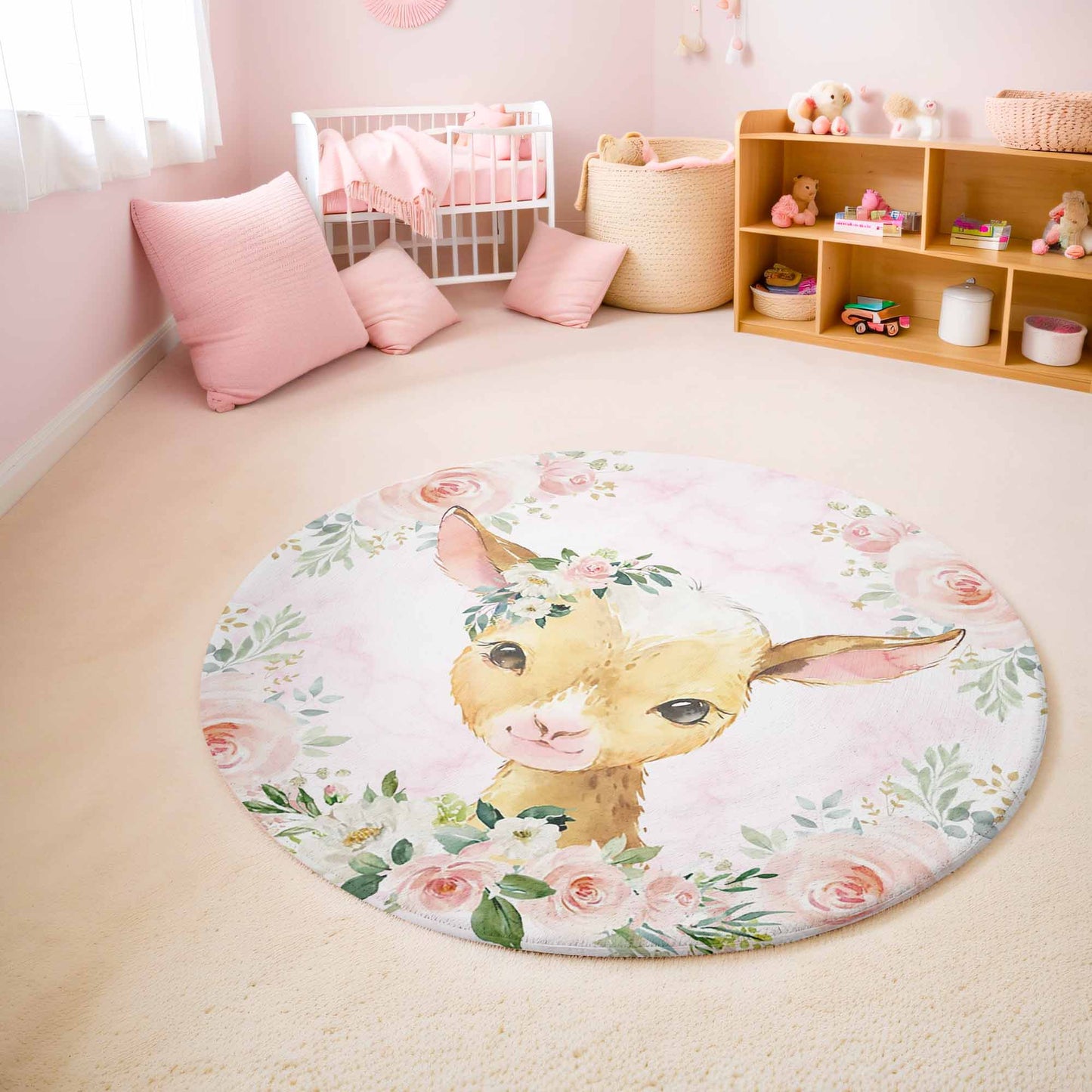 Baby Goat Rose Floral Round Rug