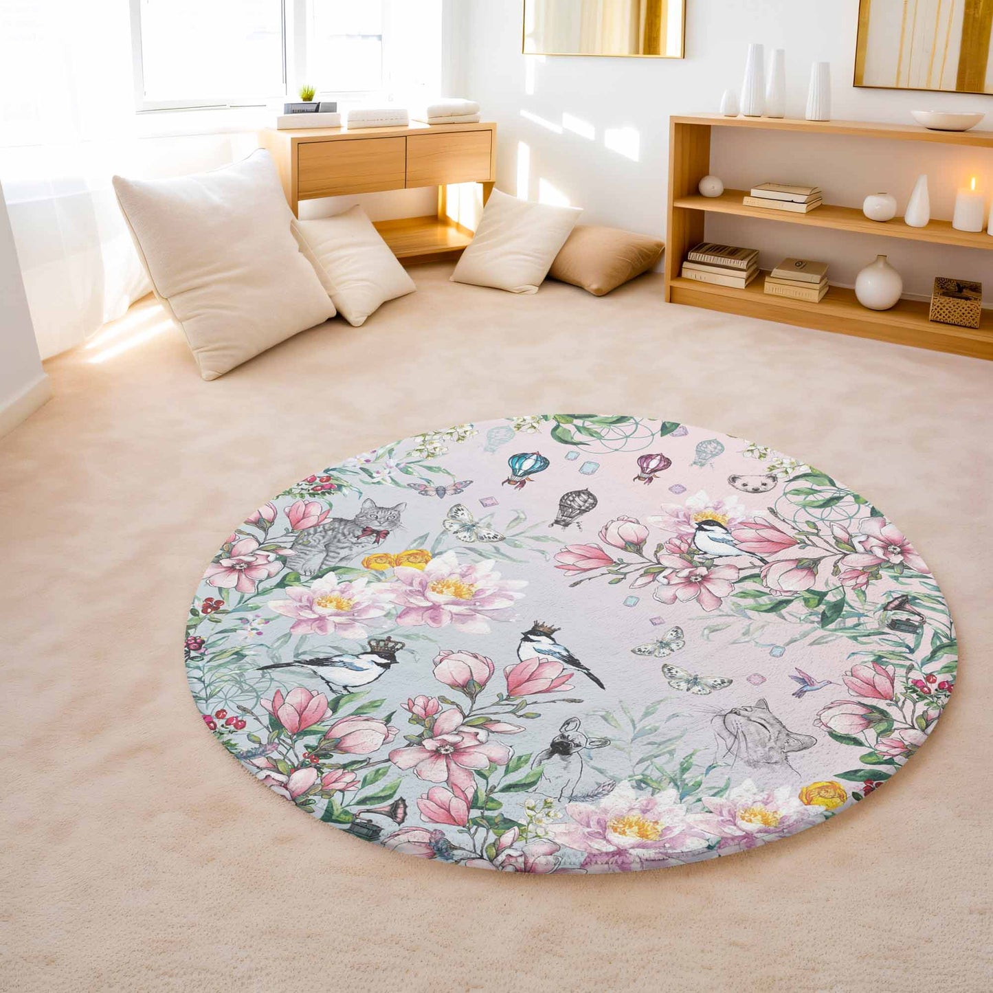 Spring Floral Bird Round Rug