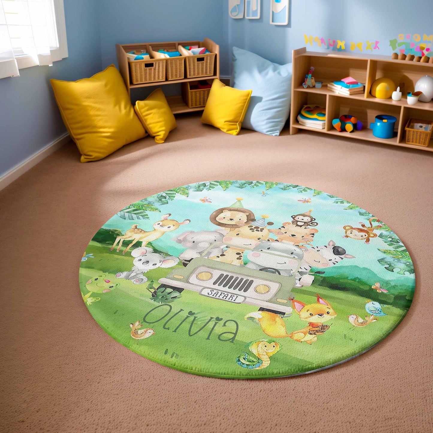 Safari Animals In Car Round Rug