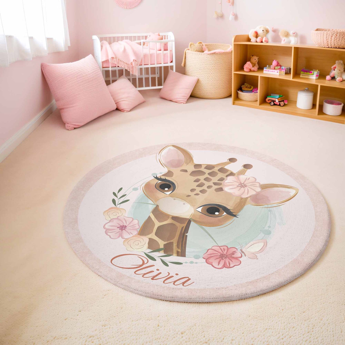 Floral Baby Giraffe Round Rug