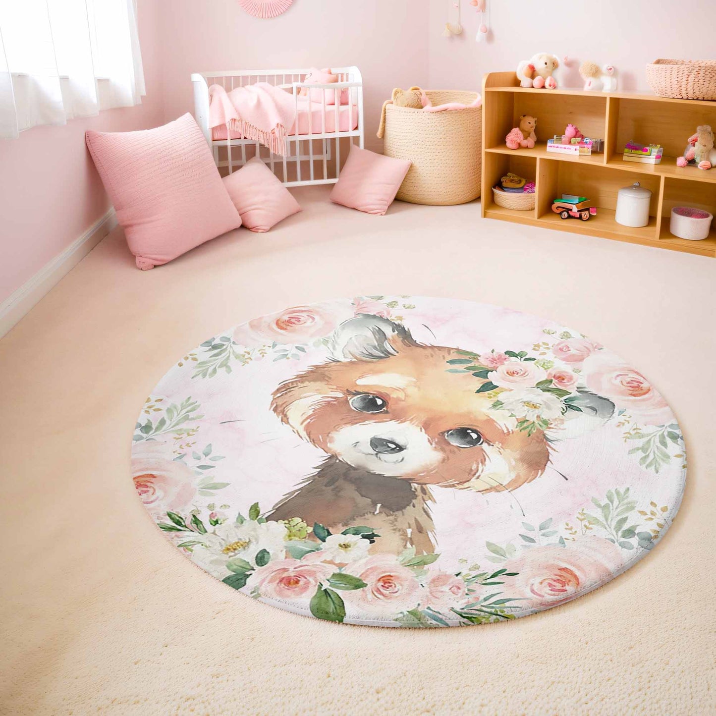 Baby Red Panda Rose Floral Round Rug