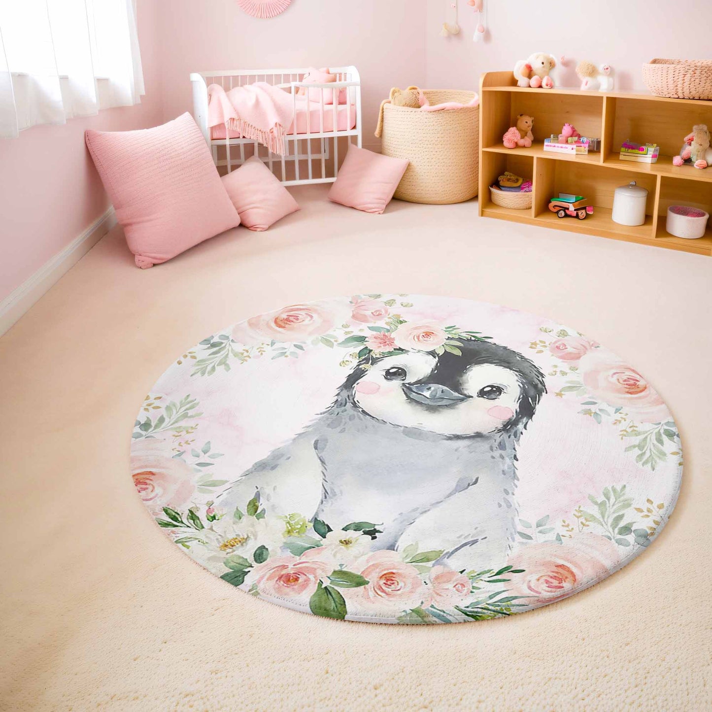 Baby Penguin Rose Floral Round Rug