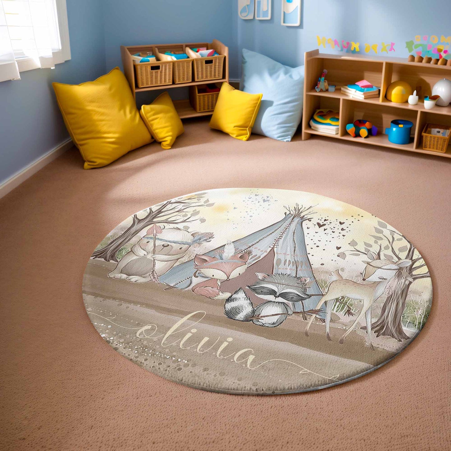 Boho Woodland Animals Round Rug