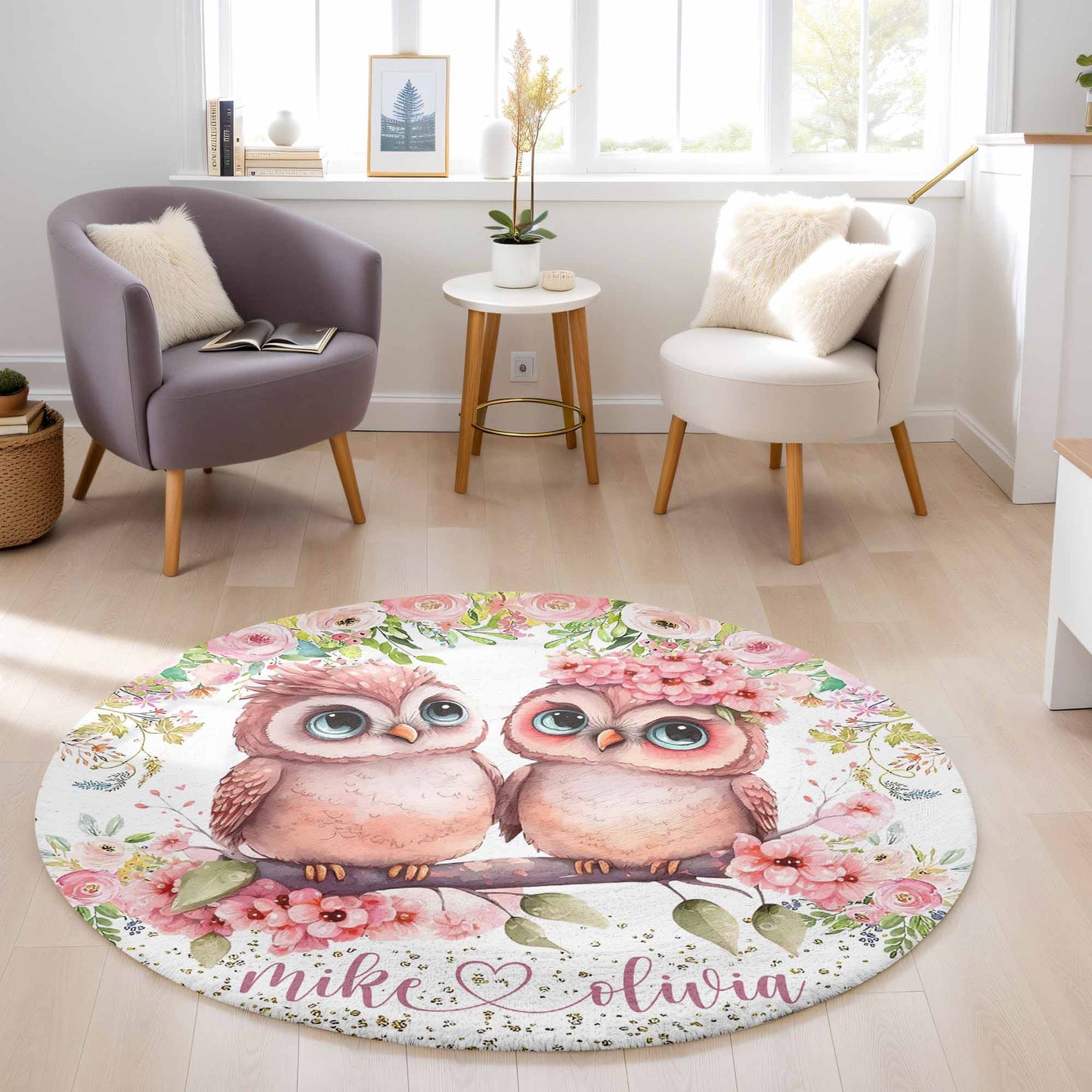 Owl Couple Love Round Rug