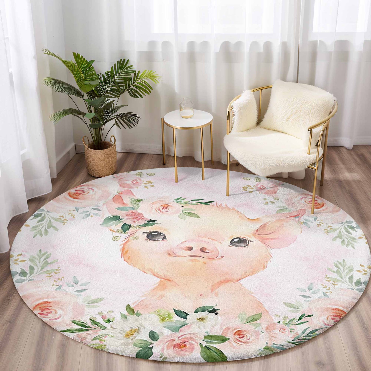 Baby Pig Rose Floral Round Rug