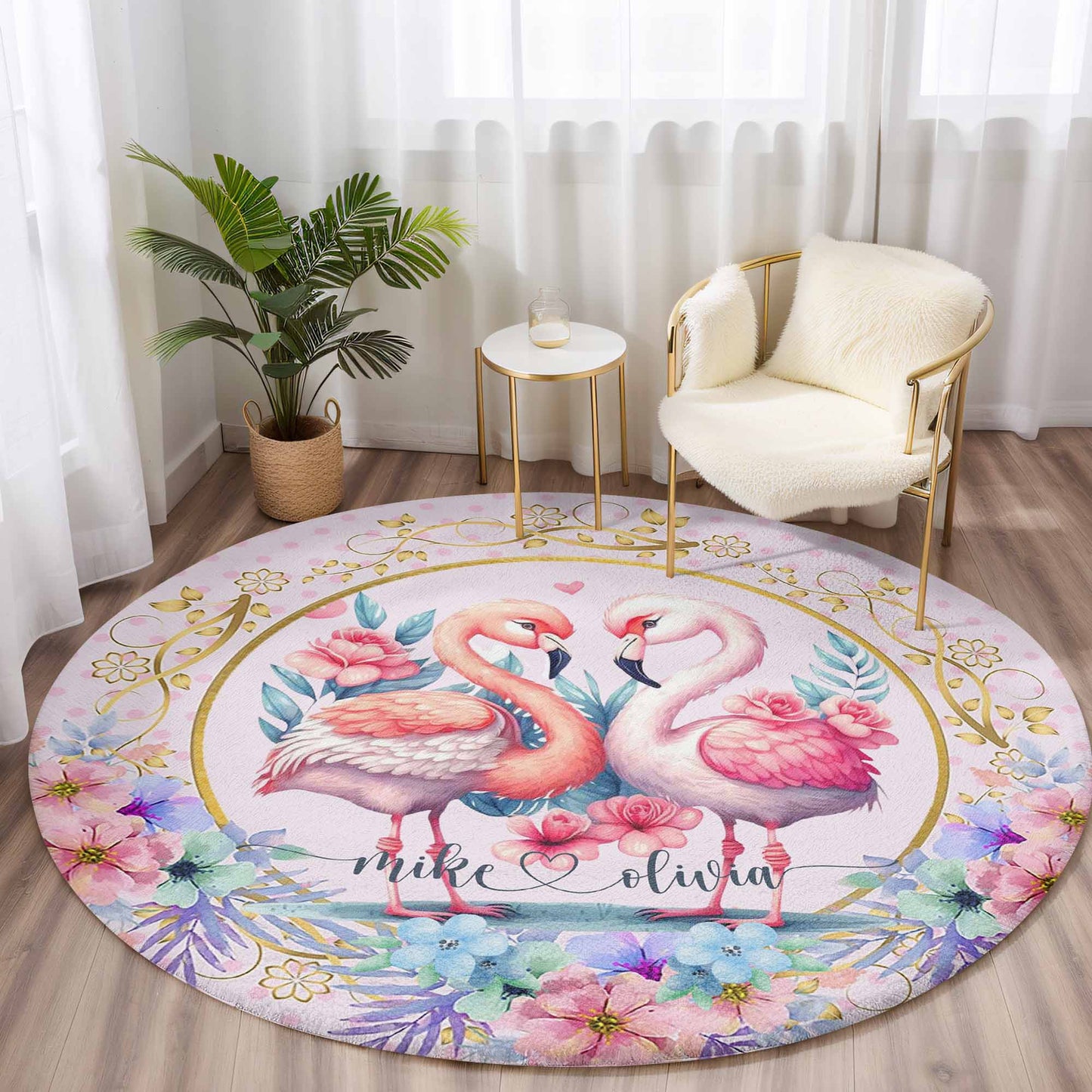 Flamingo Couple Love Round Rug