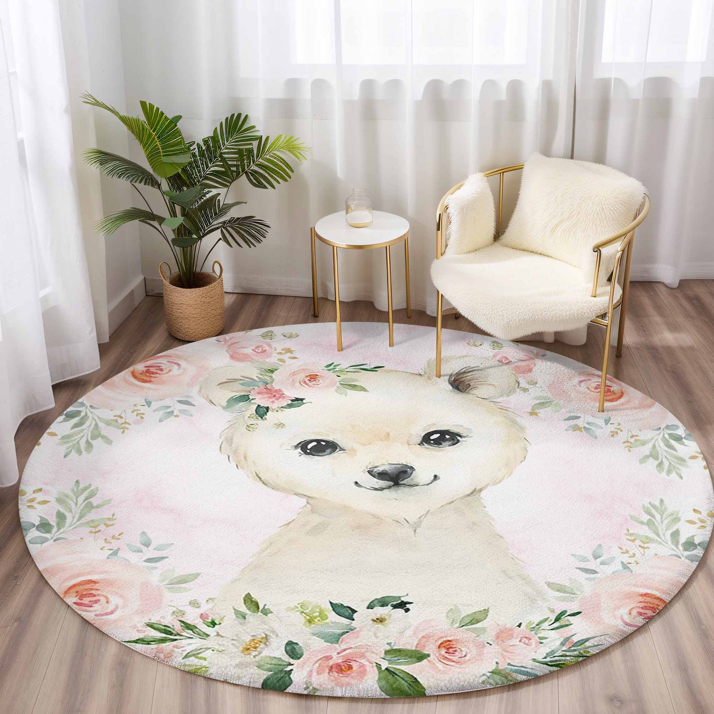 Baby Polar Bear Rose Floral Round Rug