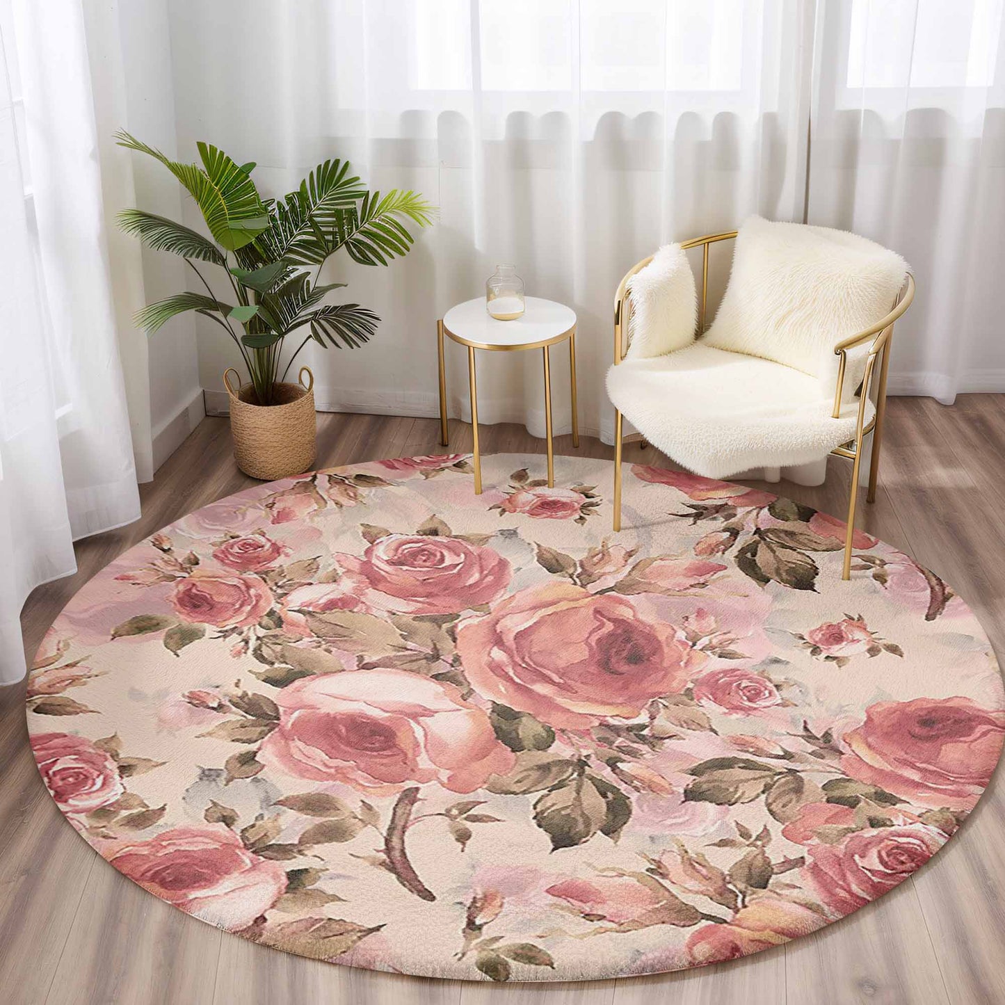 Vintage Rose Floral Round Rug