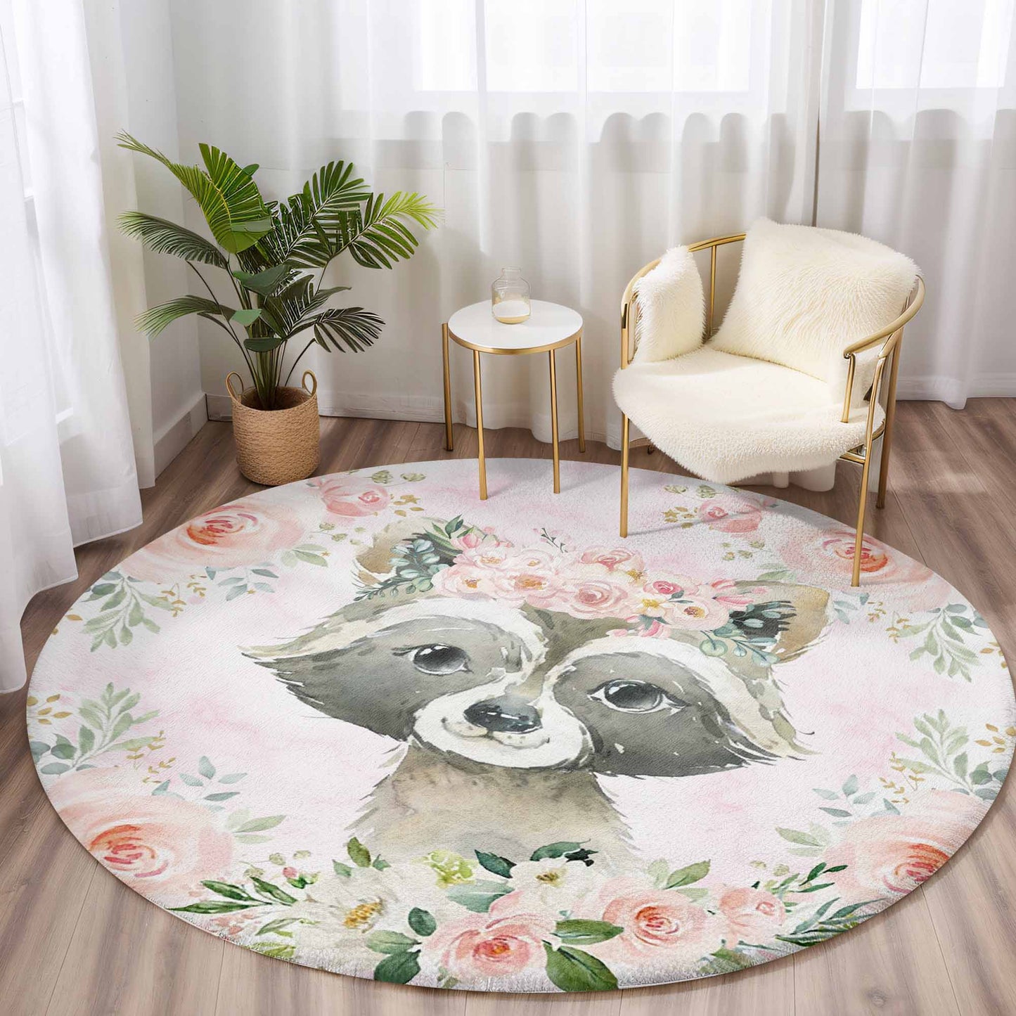 Baby Raccoon Rose Floral Round Rug