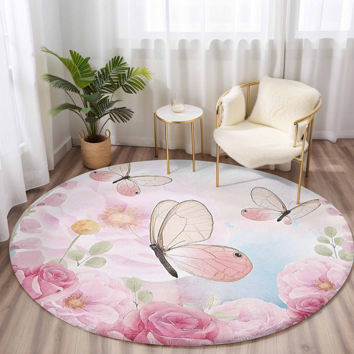 Spring Floral Butterfly Round Rug