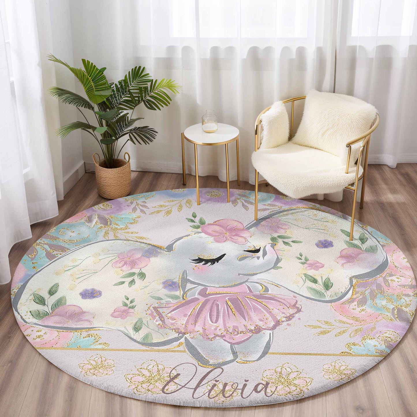 Ballerina Elephant Floral Round Rug