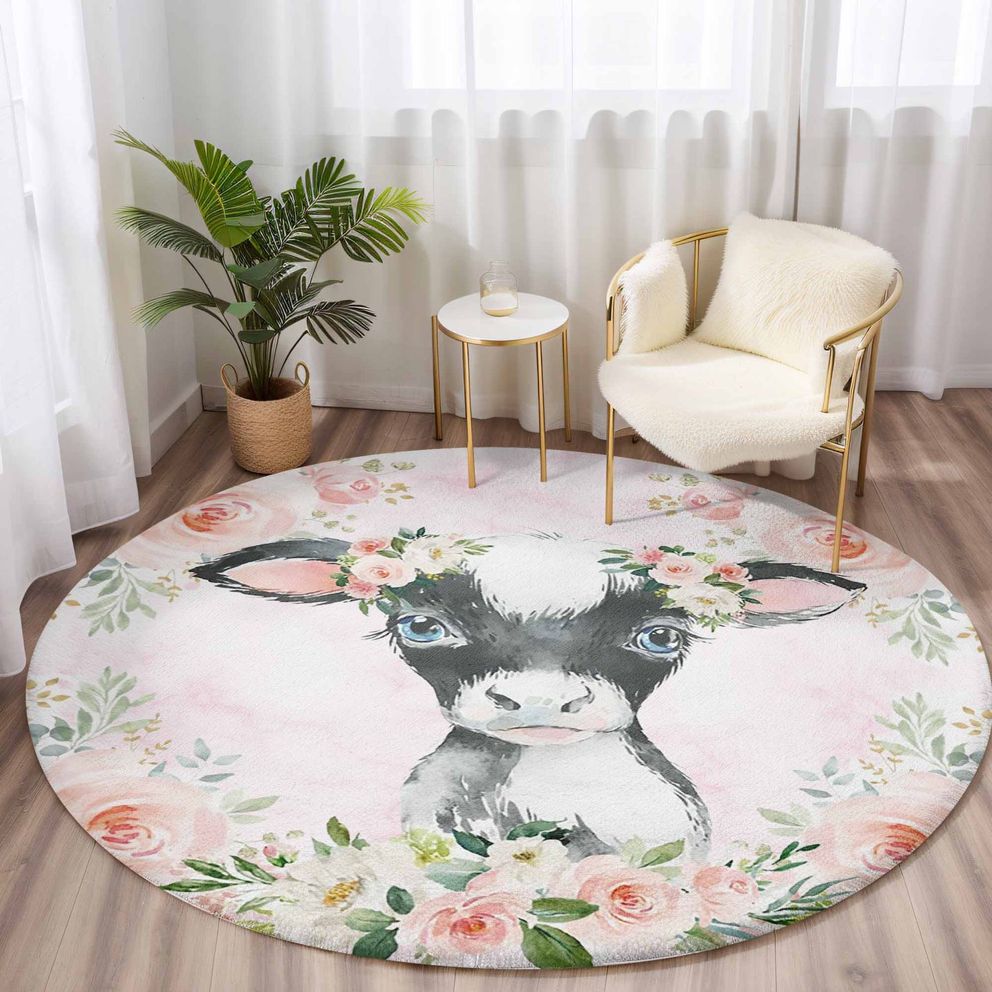 Baby Cow Rose Floral Round Rug
