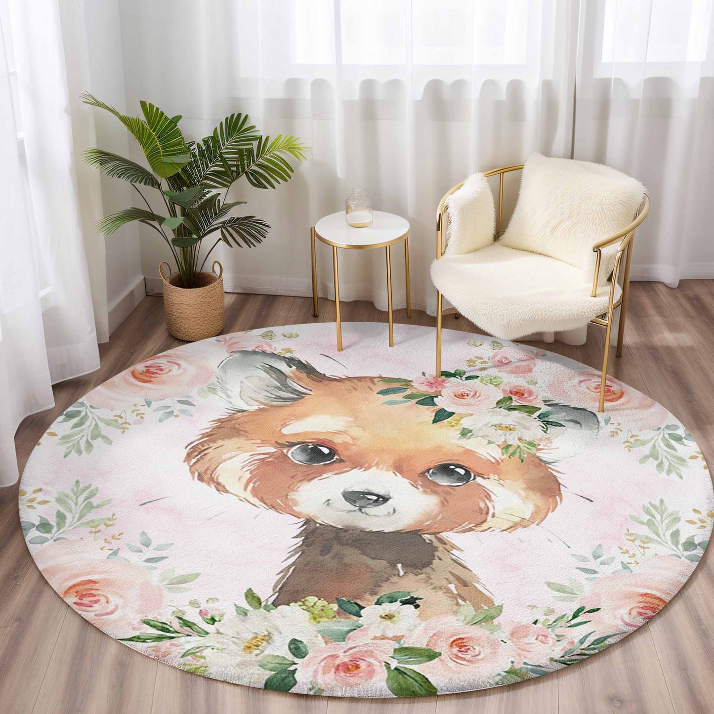 Baby Red Panda Rose Floral Round Rug