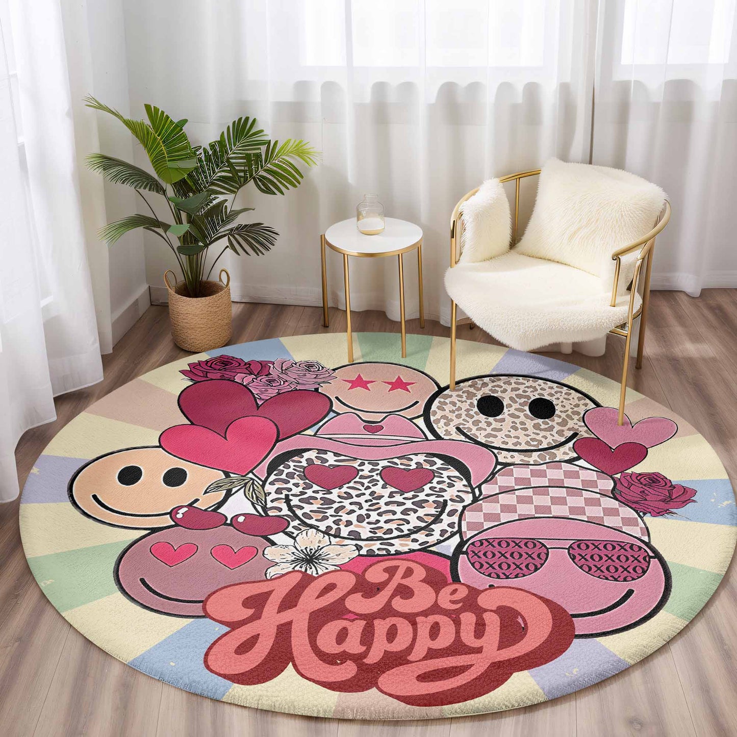 Be Happy Smile Face Round Rug