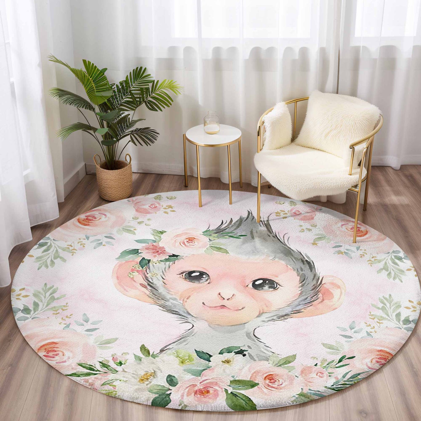 Baby Monkey Rose Floral Round Rug