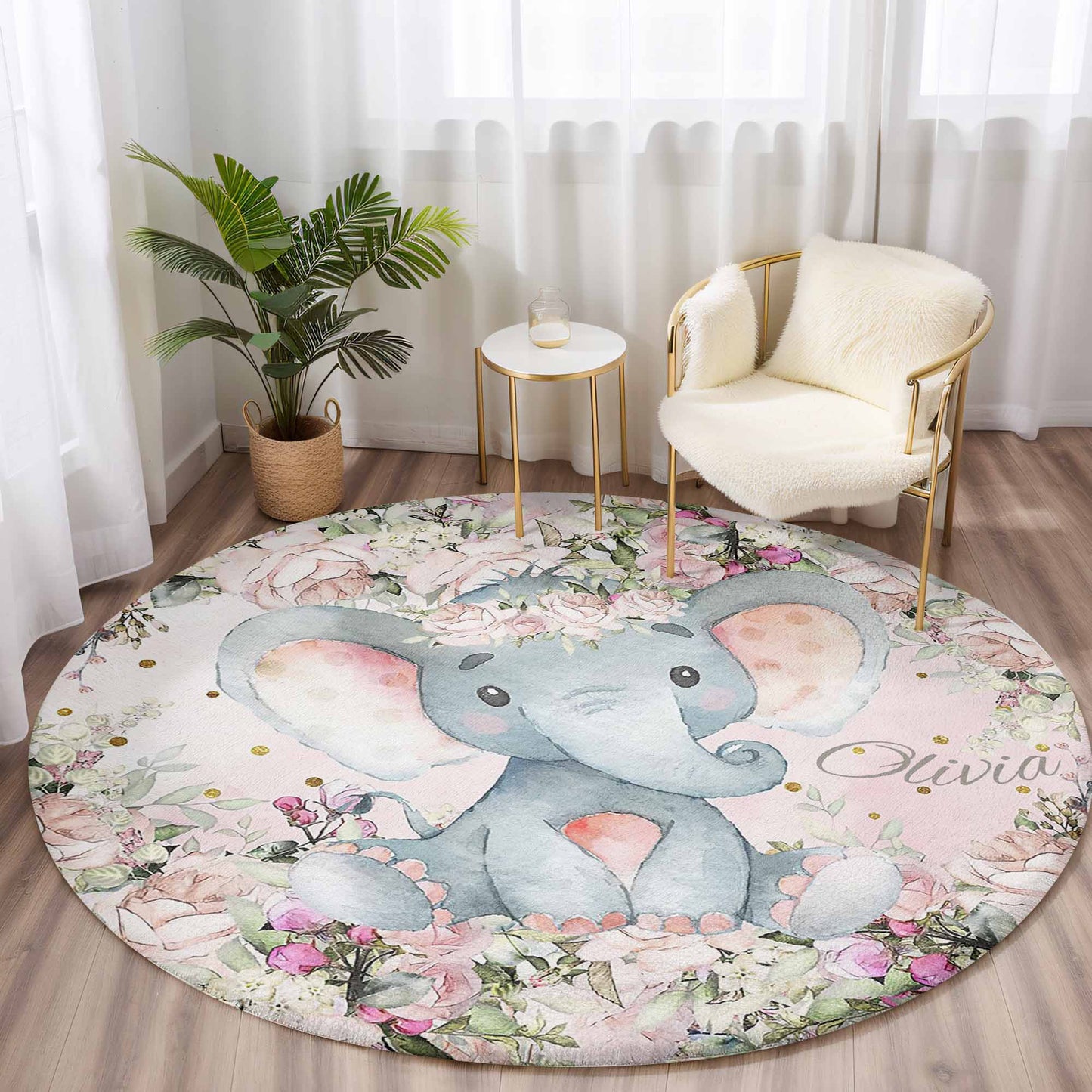 Baby Elephant Rose Floral Round Rug