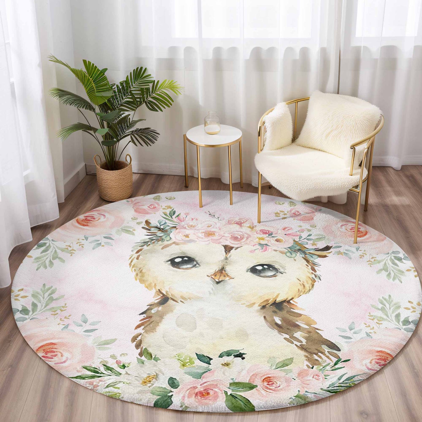 Baby Owl Rose Floral Round Rug