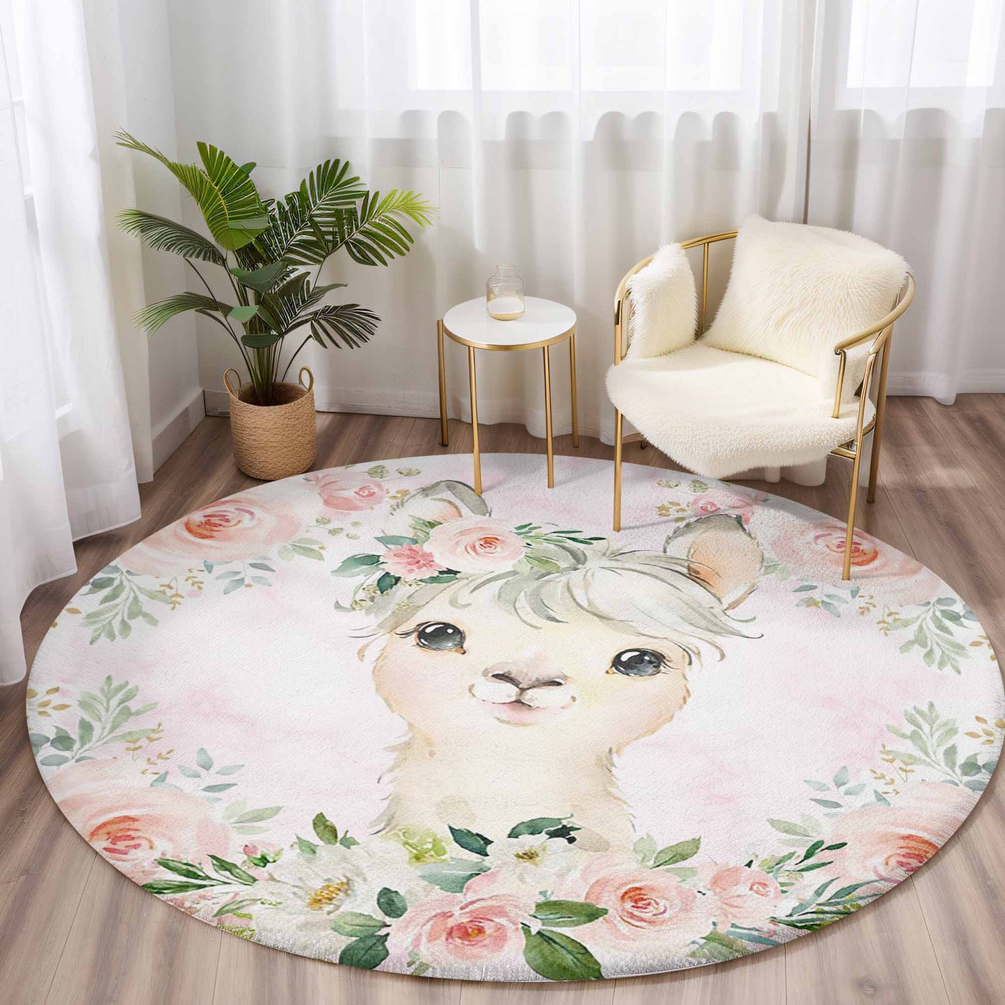 Baby Llama Rose Floral Round Rug