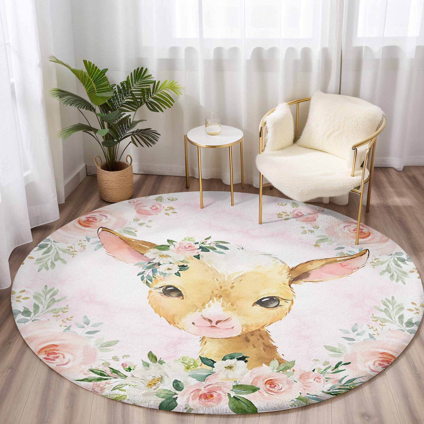 Baby Goat Rose Floral Round Rug