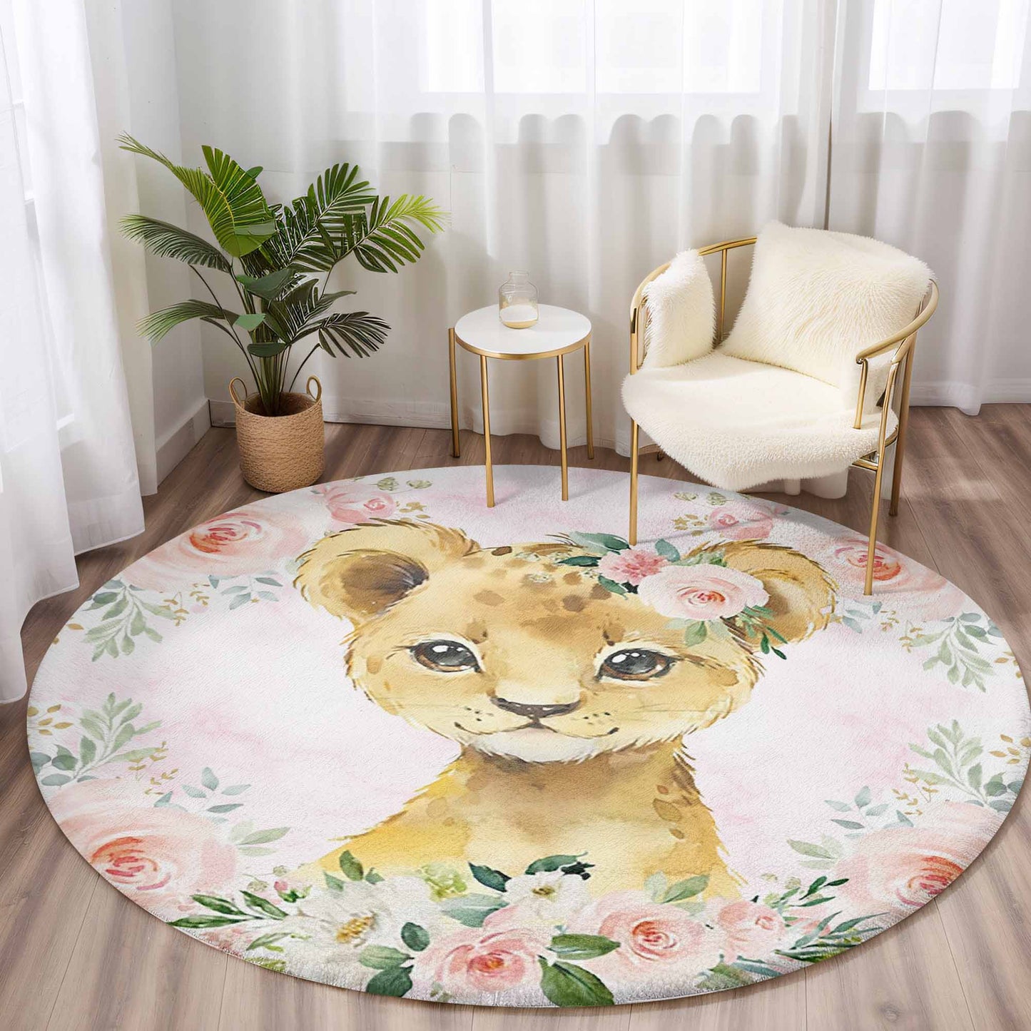 Baby Lion Rose Floral Round Rug