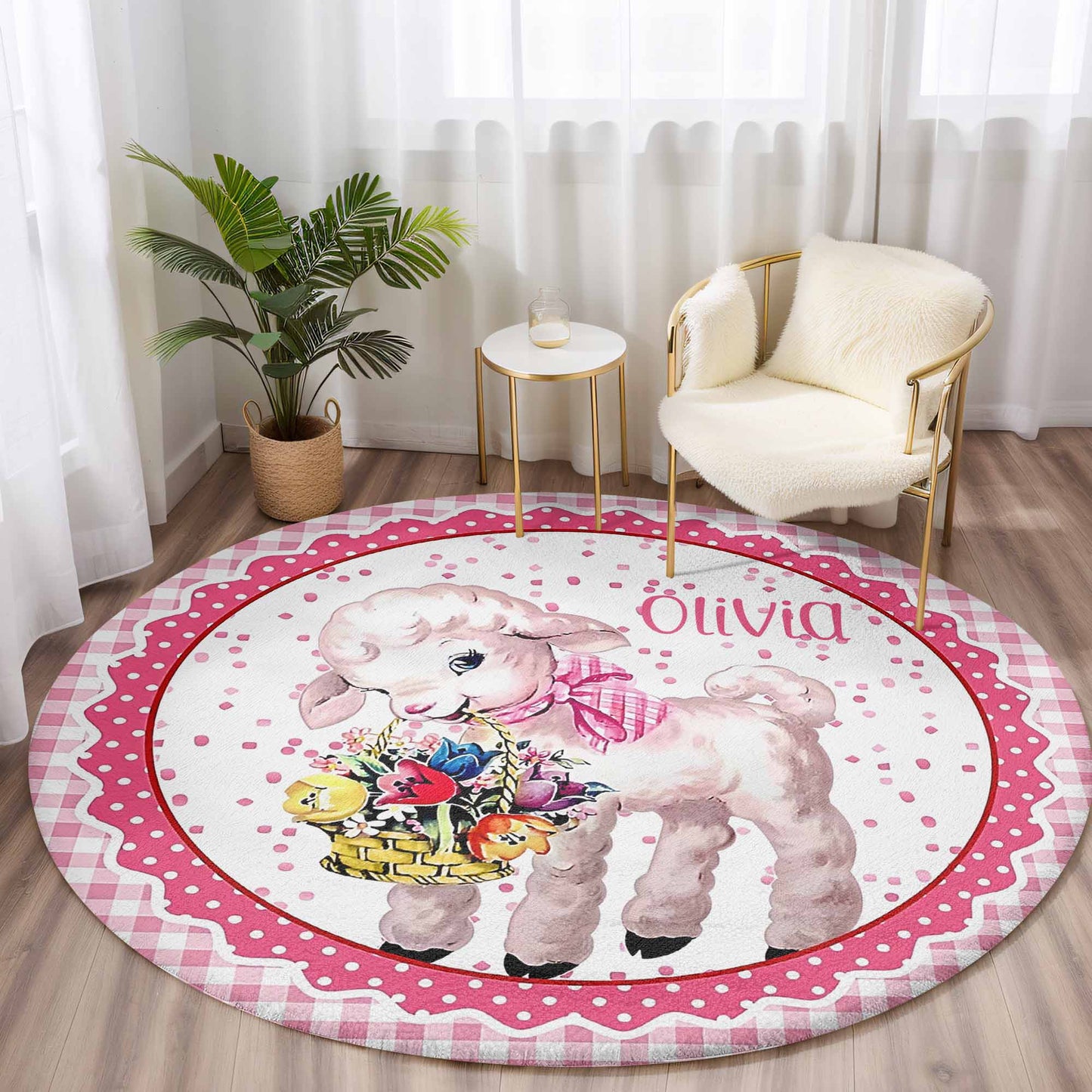 Vintage Sheep Flowers Round Rug