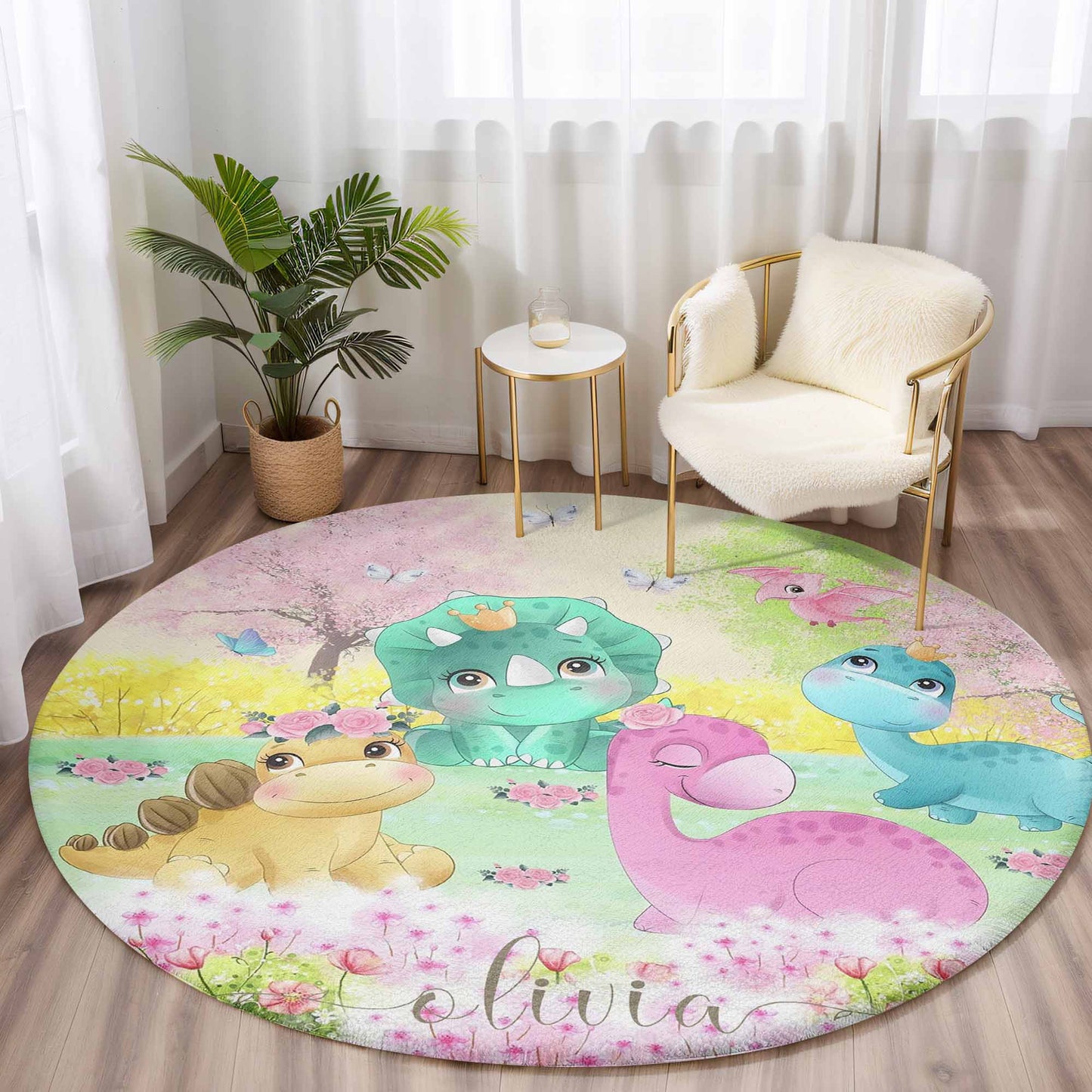 Dinosaurs Spring Floral Round Rug