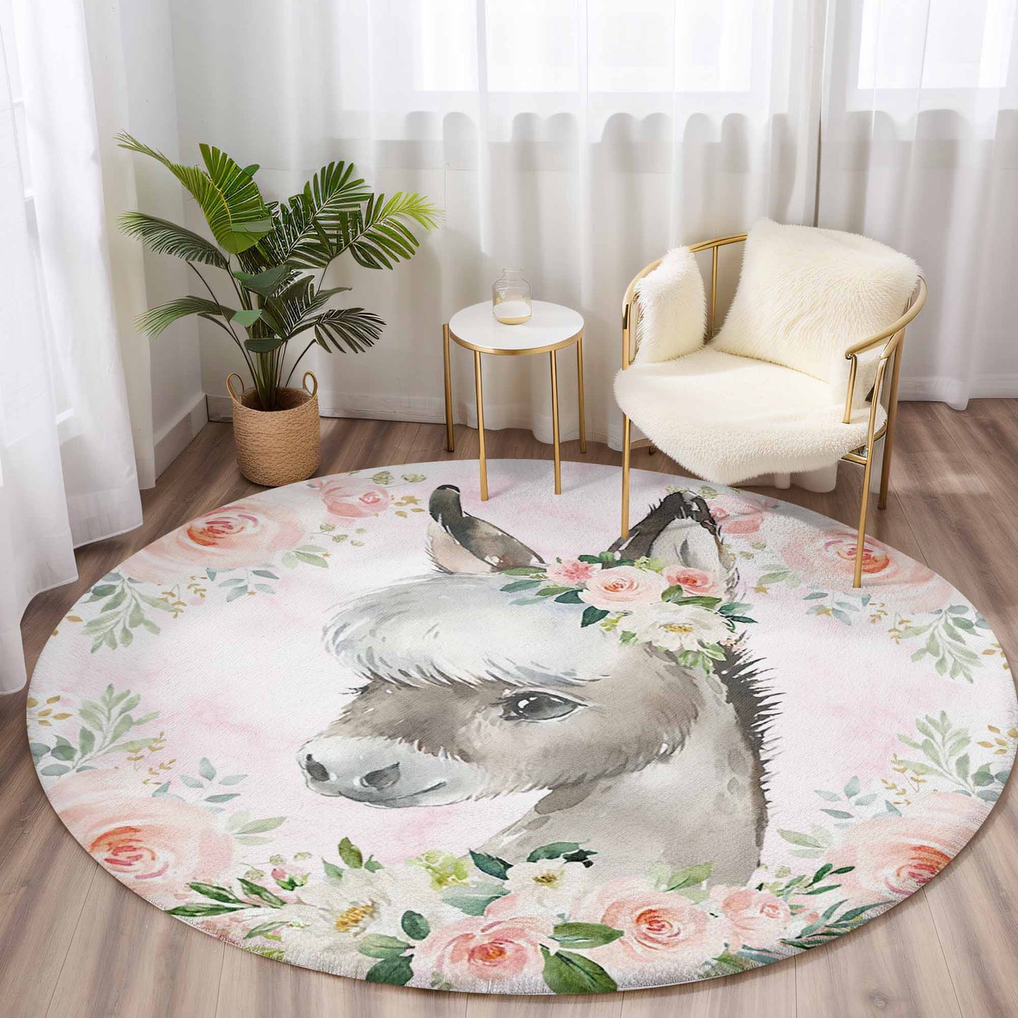 Baby Horse Rose Floral Round Rug