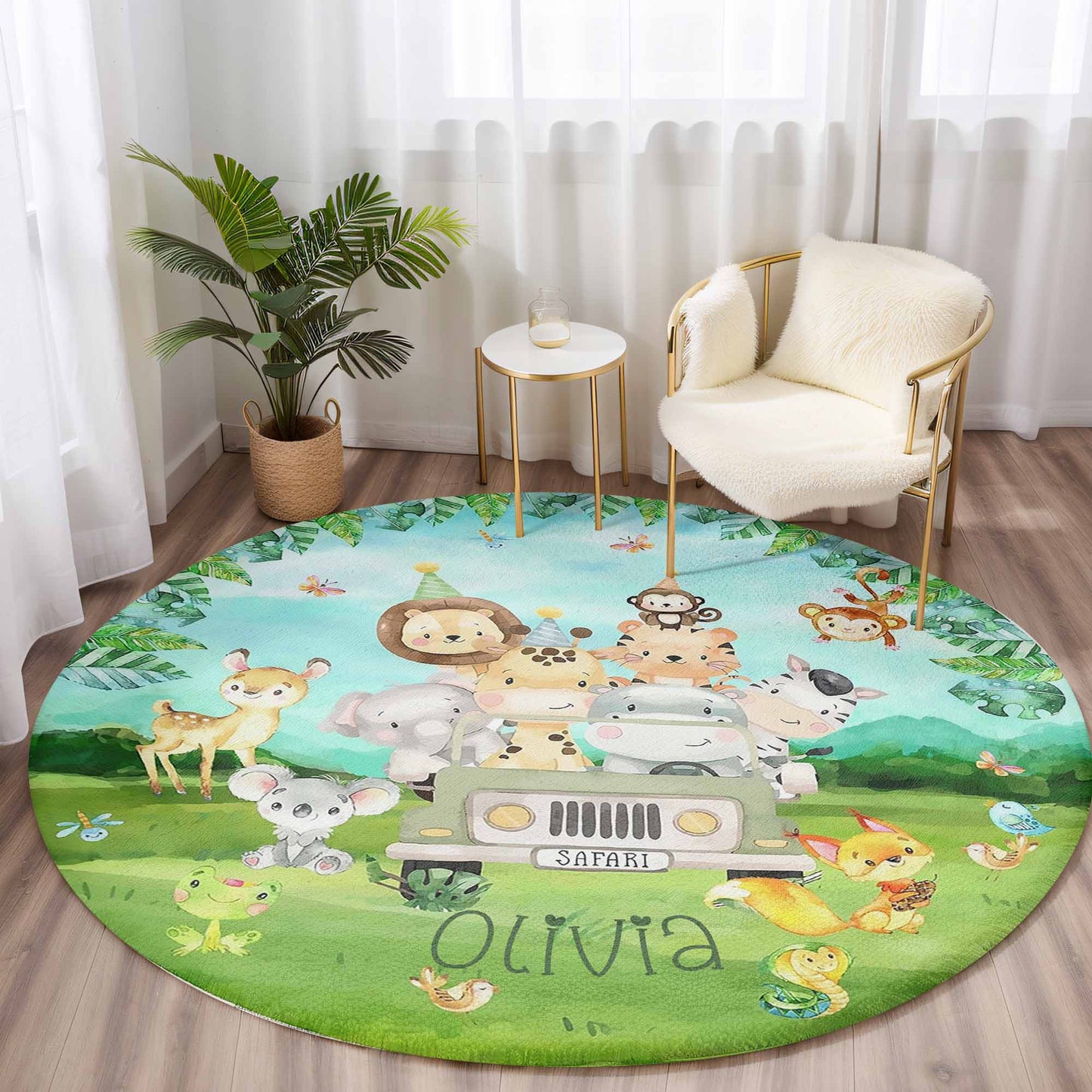 Safari Animals In Car Round Rug