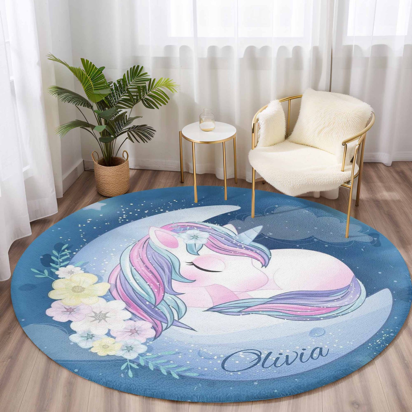 Baby Unicorn Floral Moon Round Rug