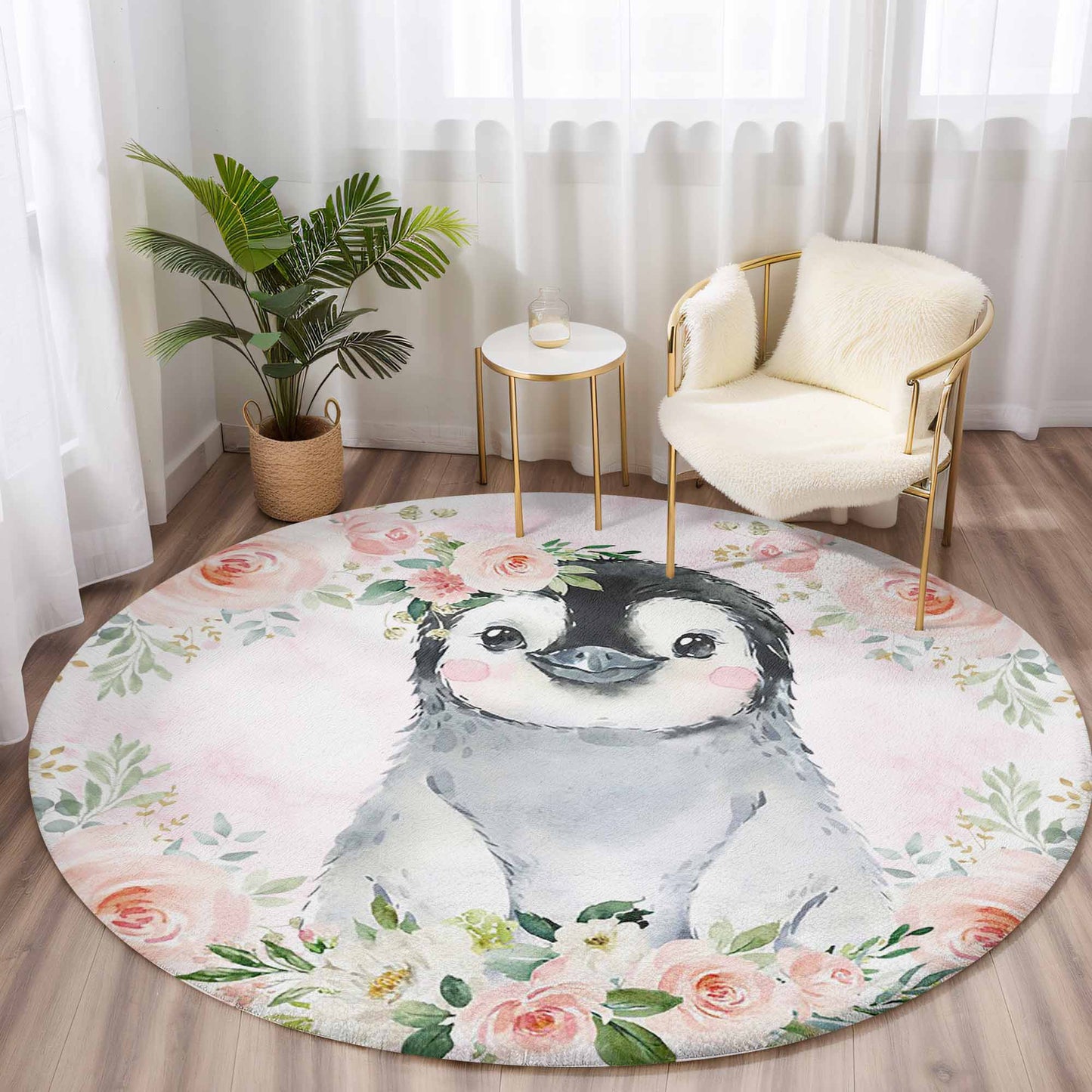 Baby Penguin Rose Floral Round Rug