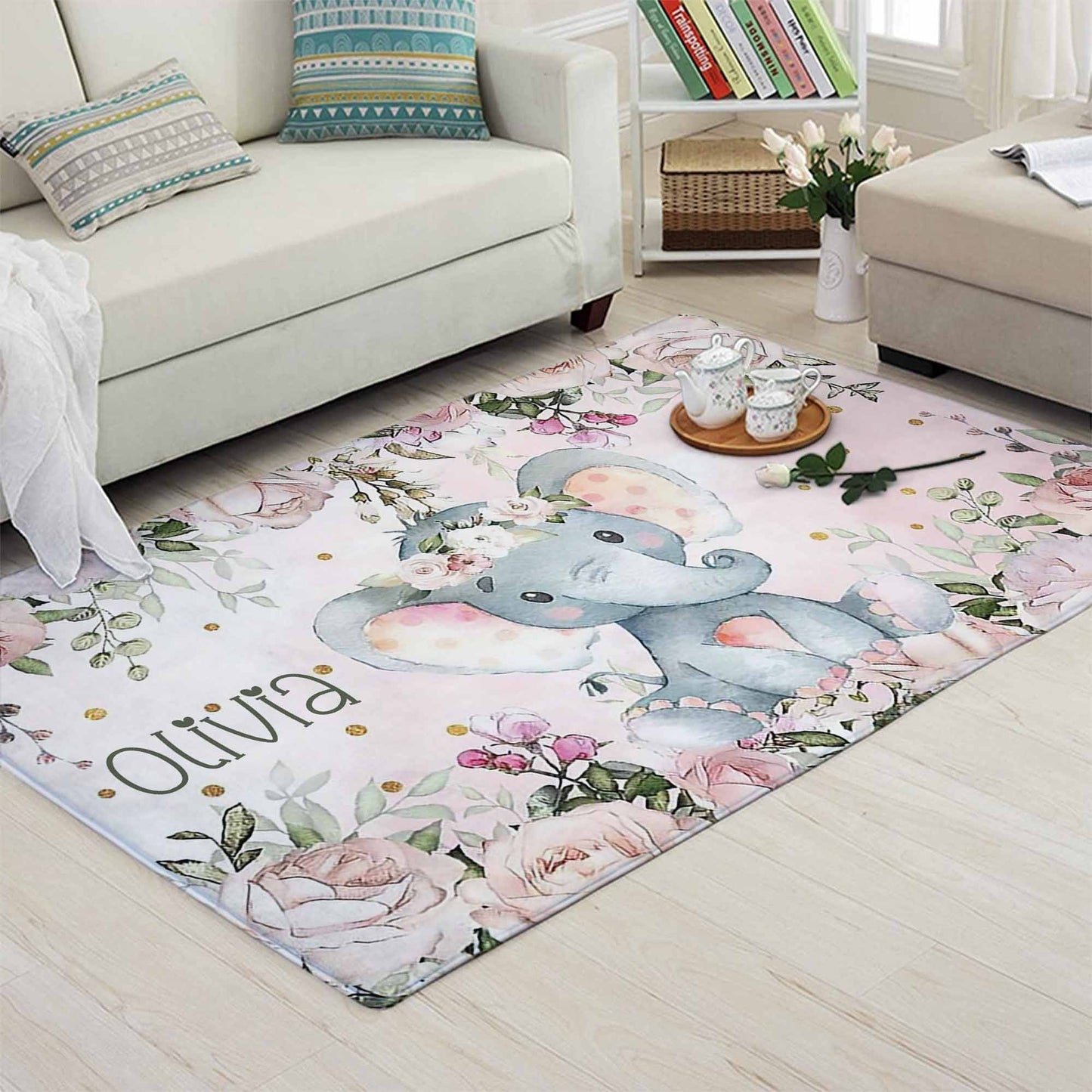 Baby Elephant Floral Nursery Rug