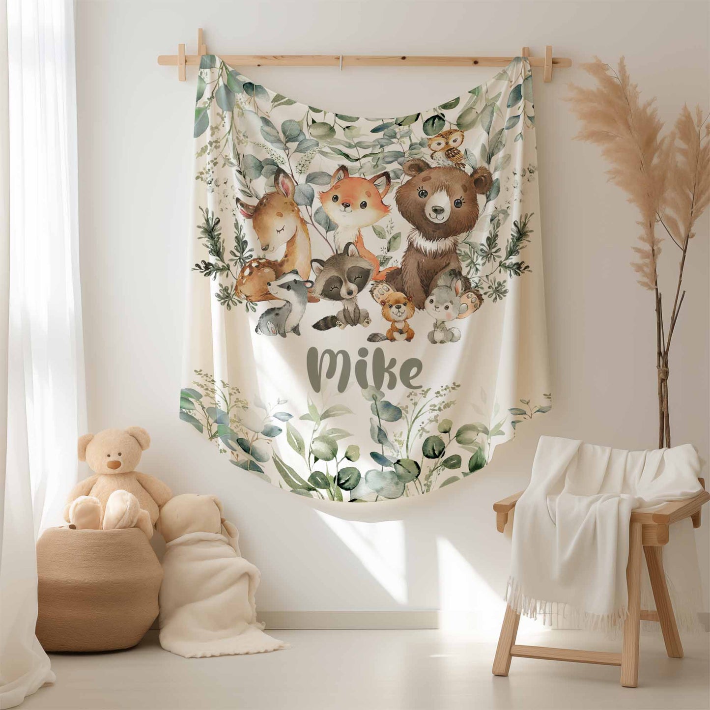 Woodland Animals Green Leaves Blanket