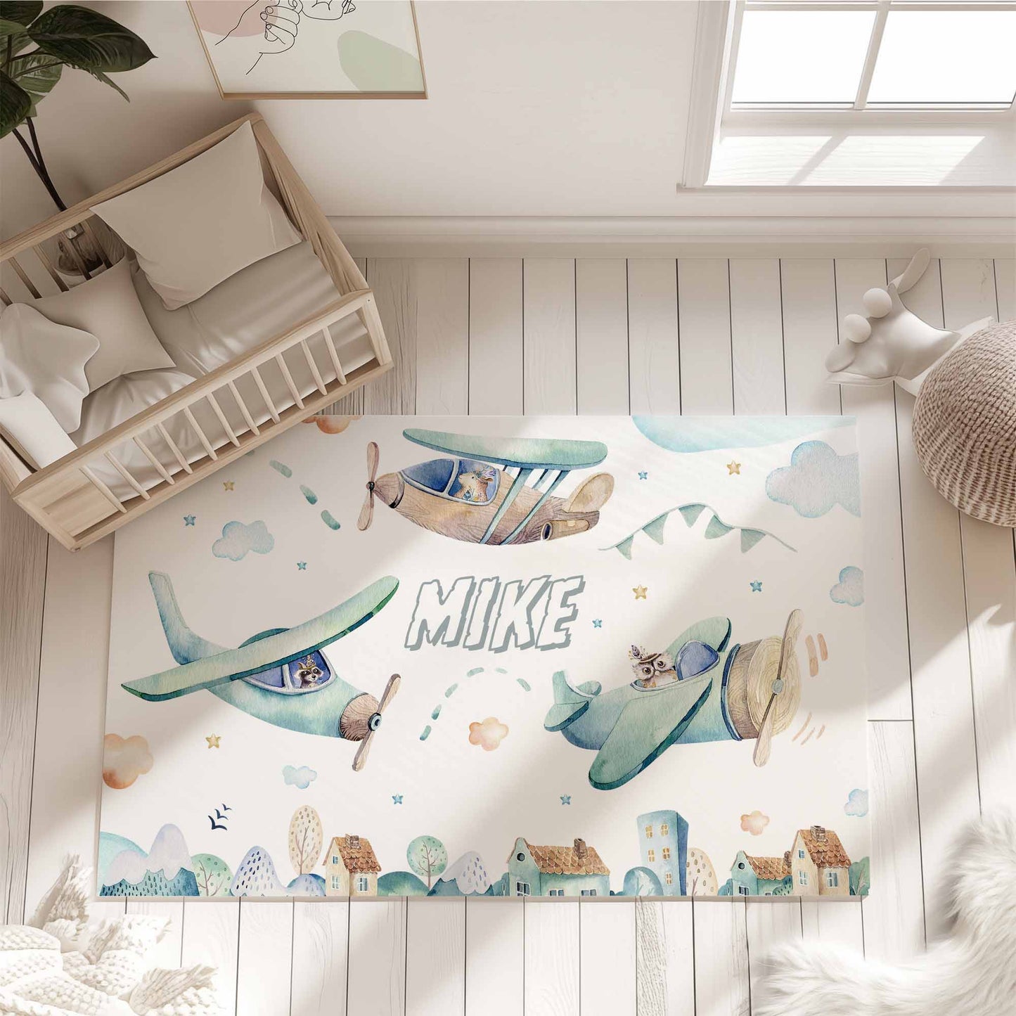 Animals On Plane Nursery Rug