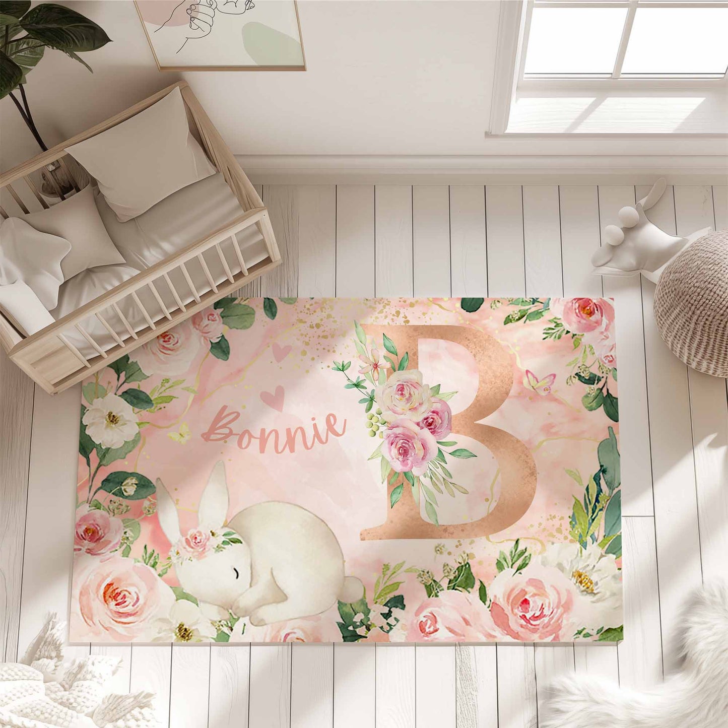 Rose Floral Bunny Nursery Rug