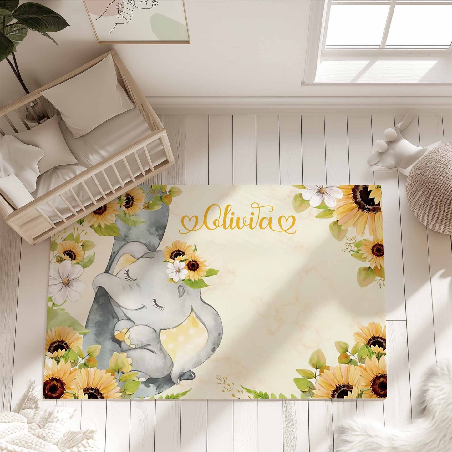 Baby Elephant Sunflower Nursery Rug