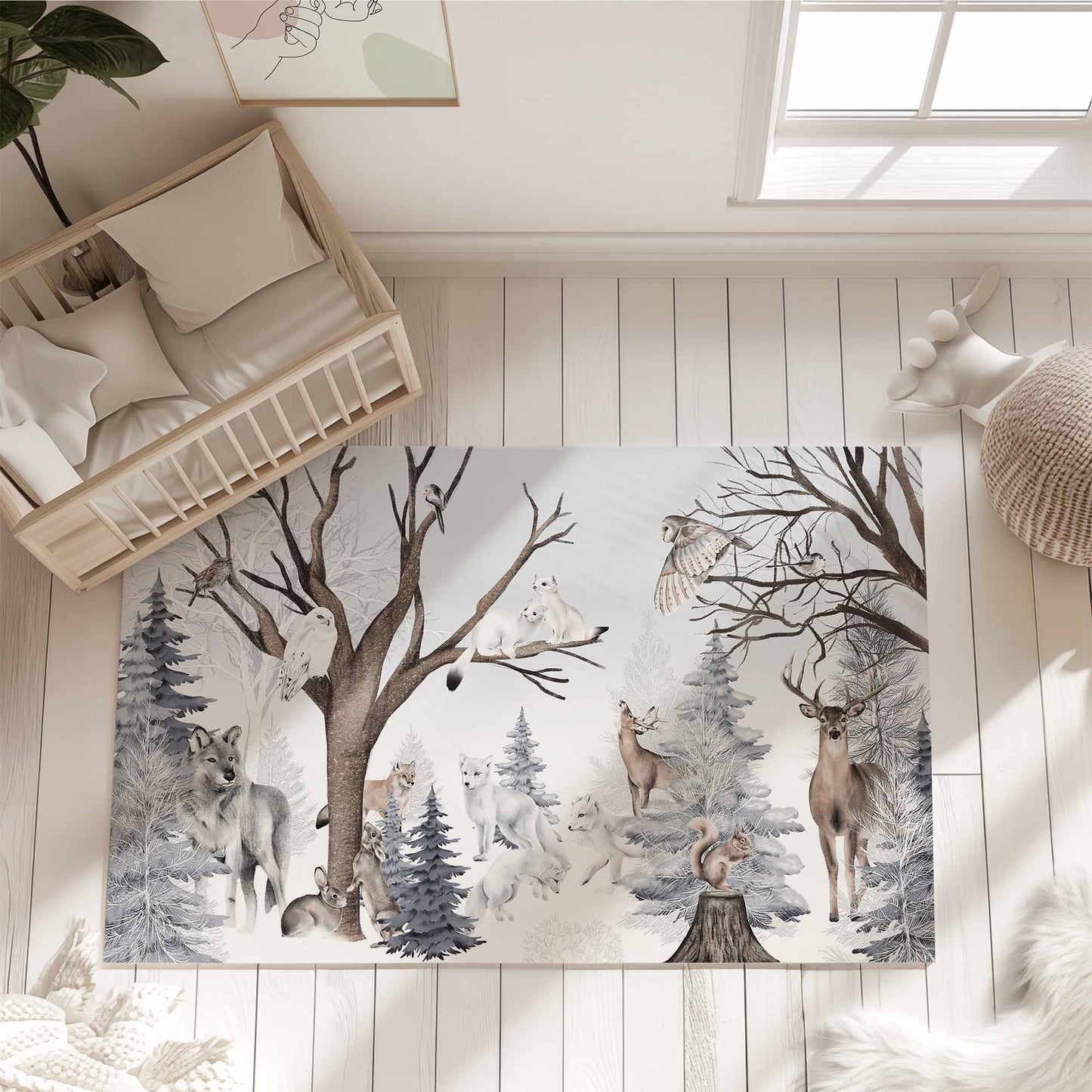 Winter Woodland Animals Nursery Rug