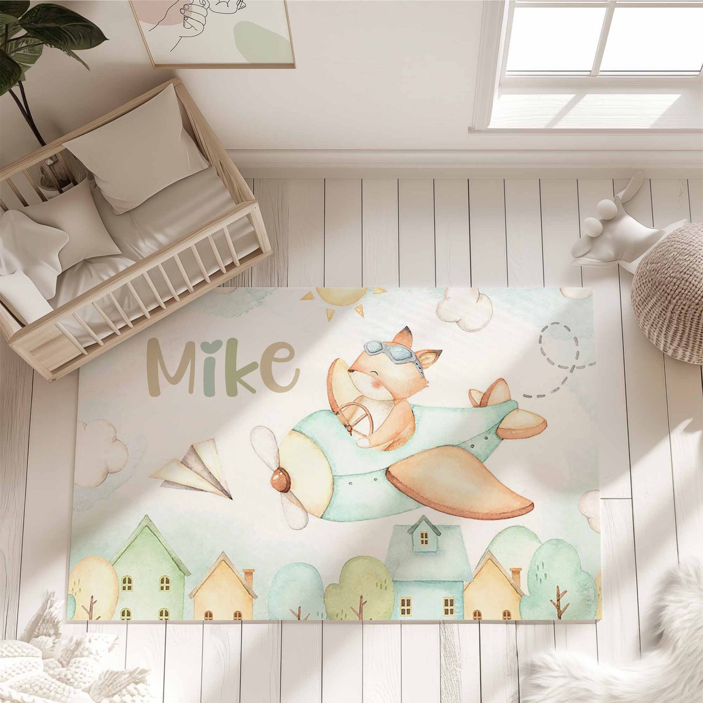 Fox Flying Plane Nursery Rug