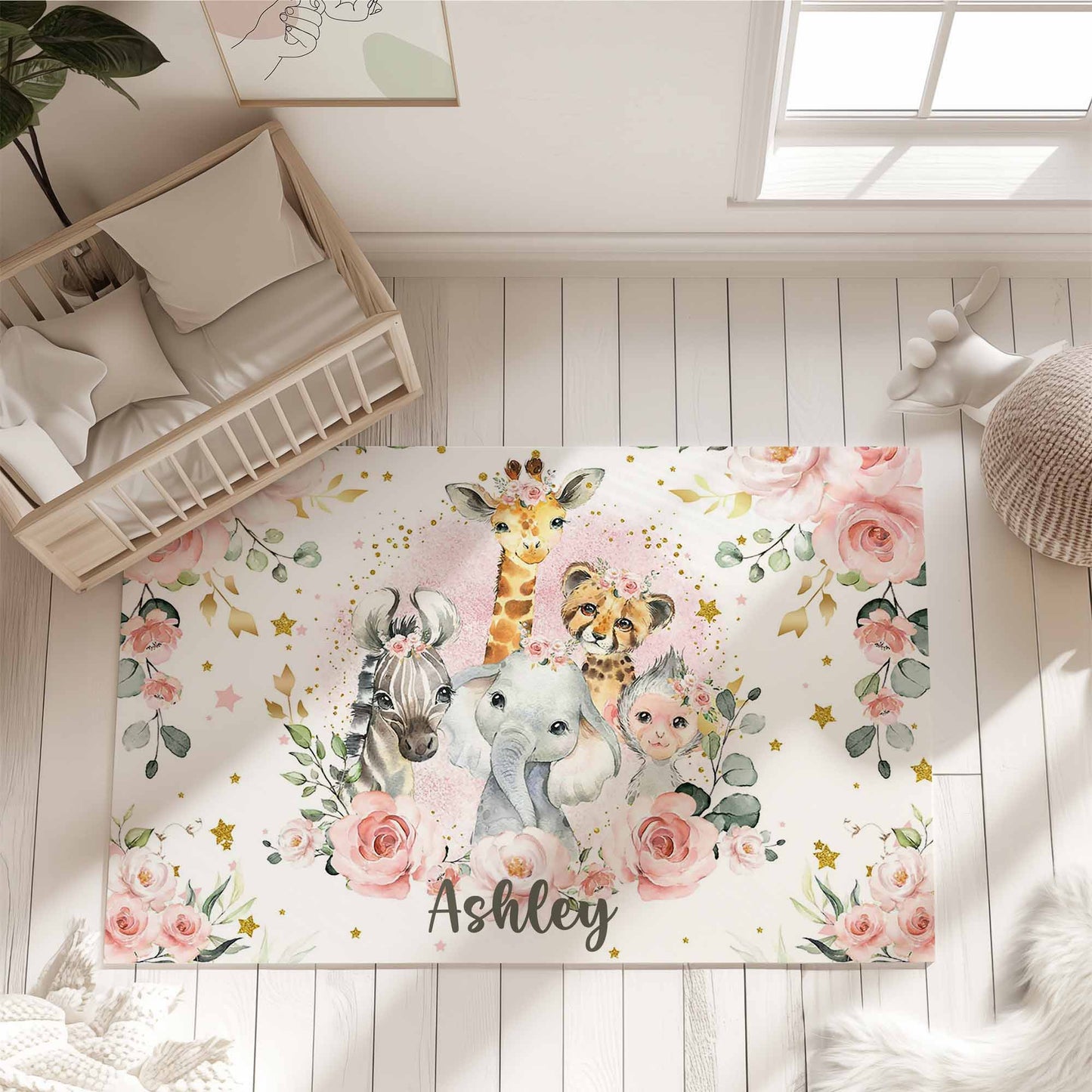 Safari Animals Rose Floral Rug